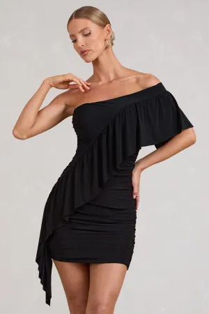 Parfait | Black Asymmetric Ruched Mini Dress With Statement Ruffles Club L London