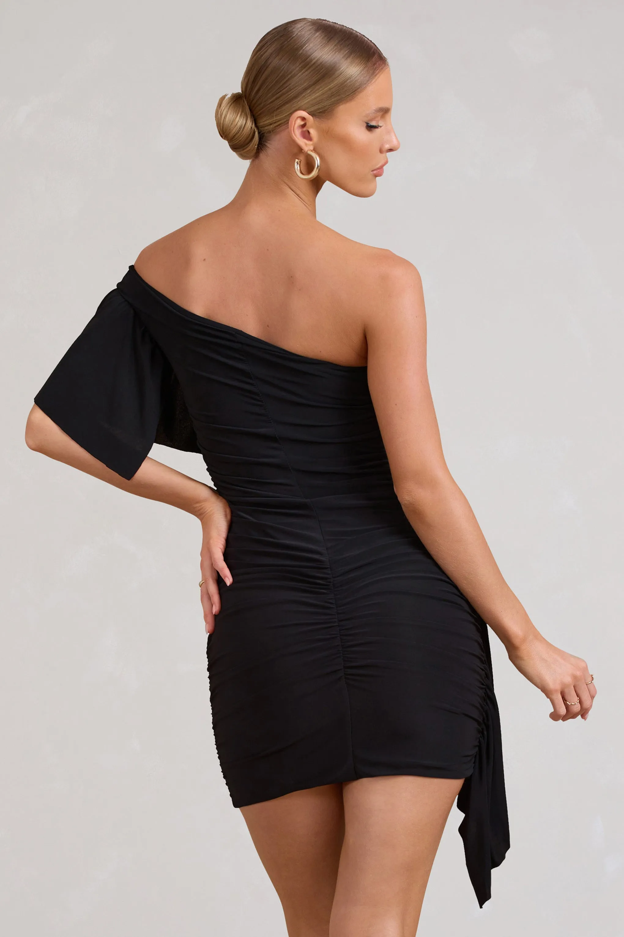 Parfait | Black Asymmetric Ruched Mini Dress With Statement Ruffles Club L London