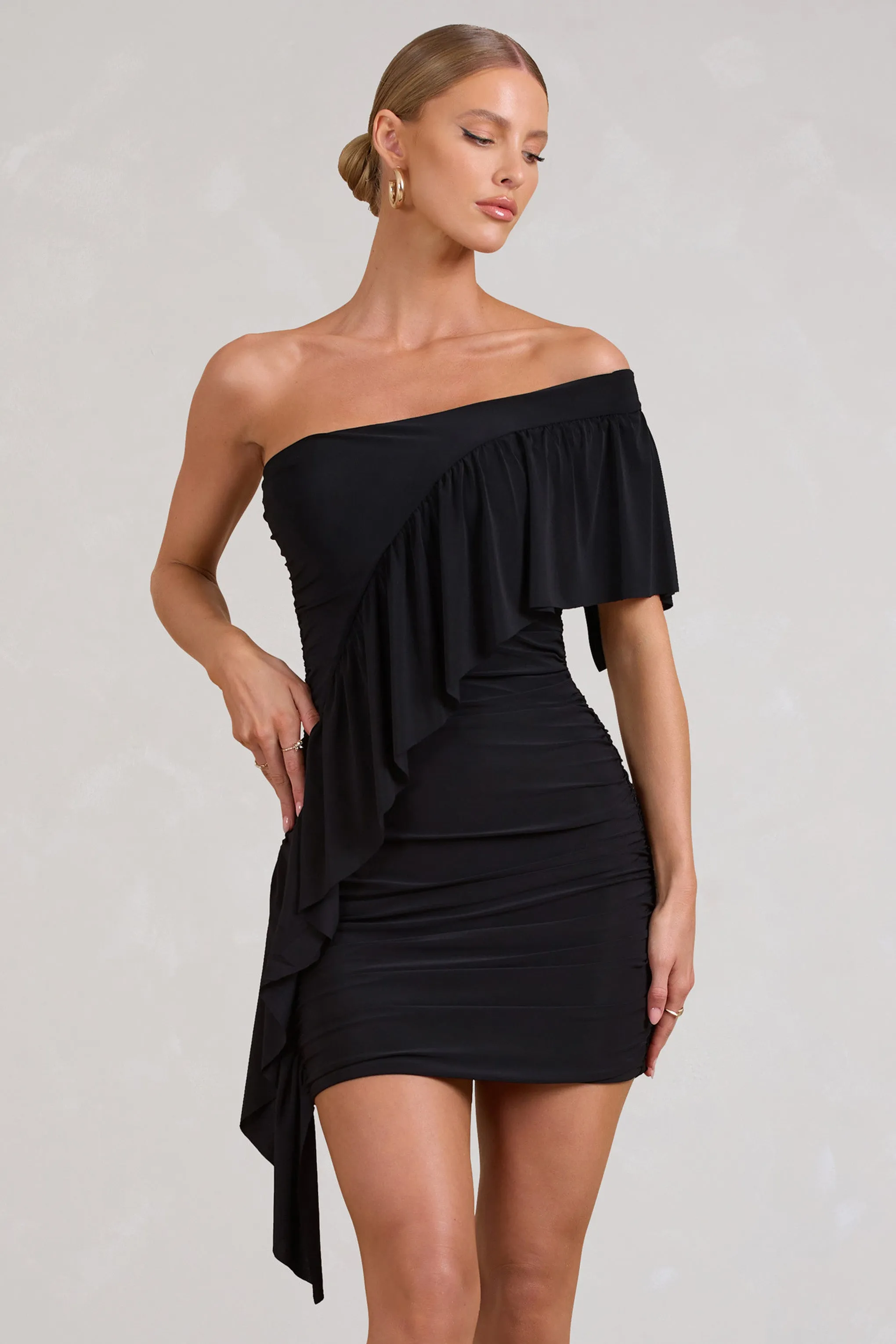 Parfait | Black Asymmetric Ruched Mini Dress With Statement Ruffles Club L London