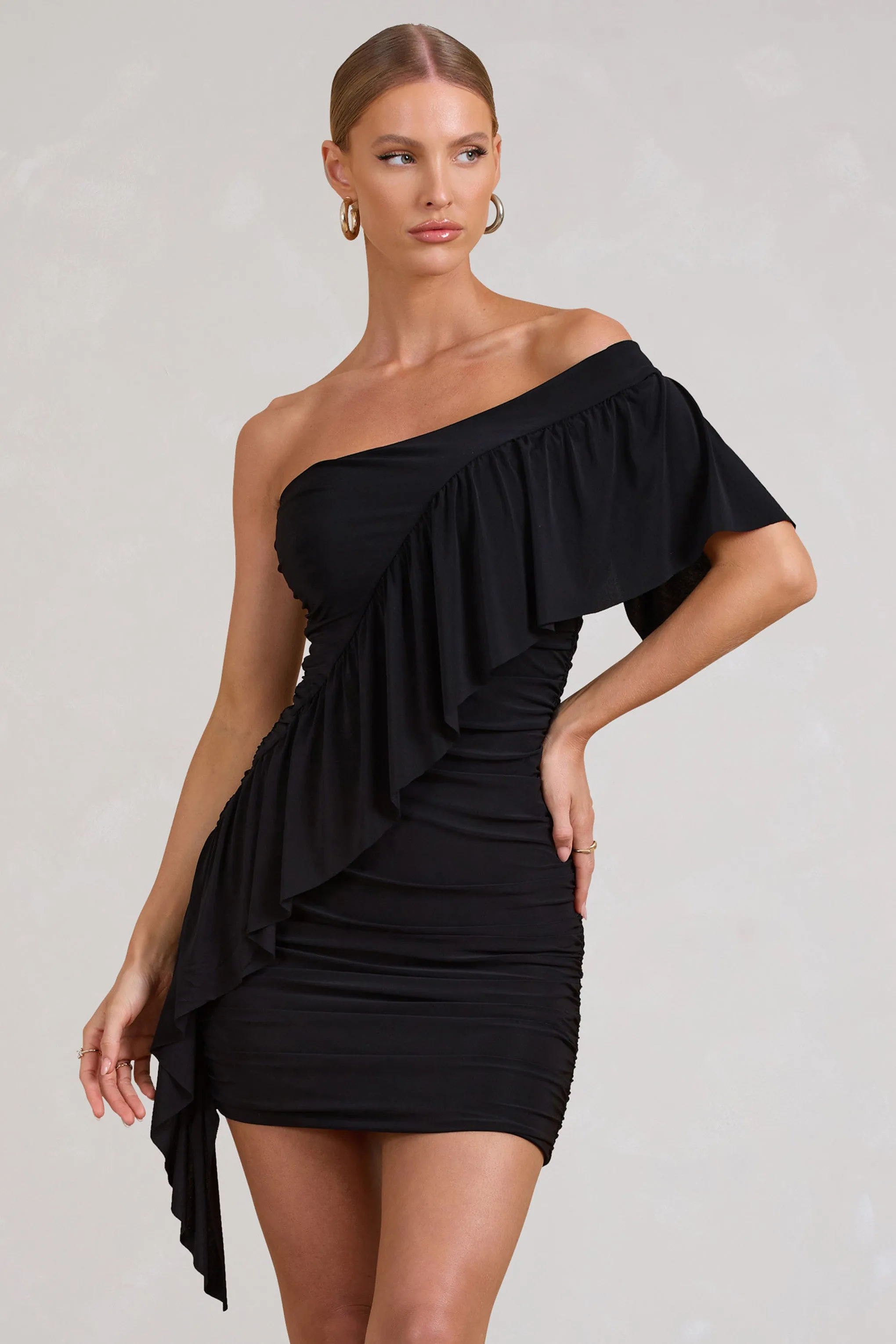 Parfait | Black Asymmetric Ruched Mini Dress With Statement Ruffles Club L London