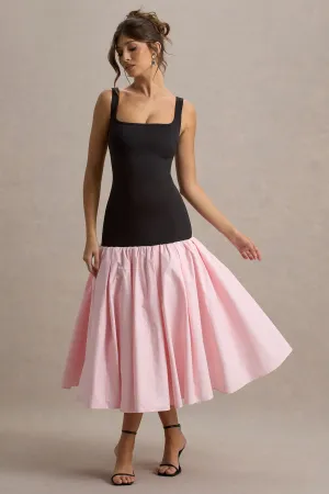 Parida | Black & Pink Poplin Drop-Waist Midi Dress With Peplum Hem Club L London