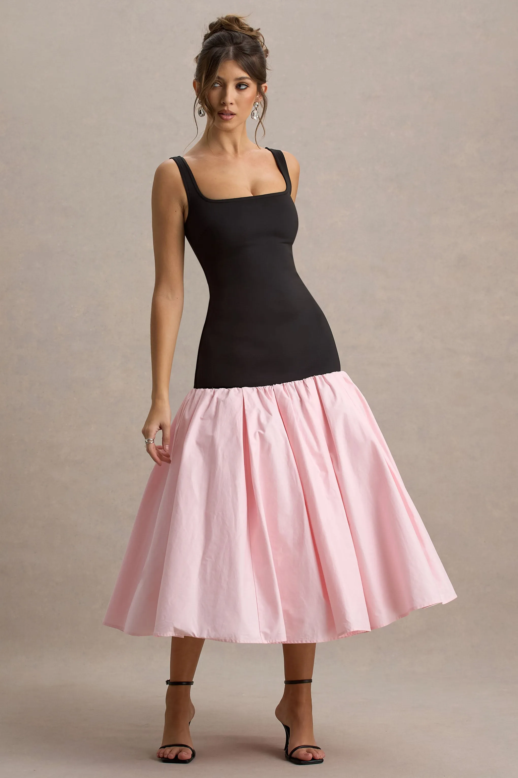 Parida | Black & Pink Poplin Drop-Waist Midi Dress With Peplum Hem Club L London