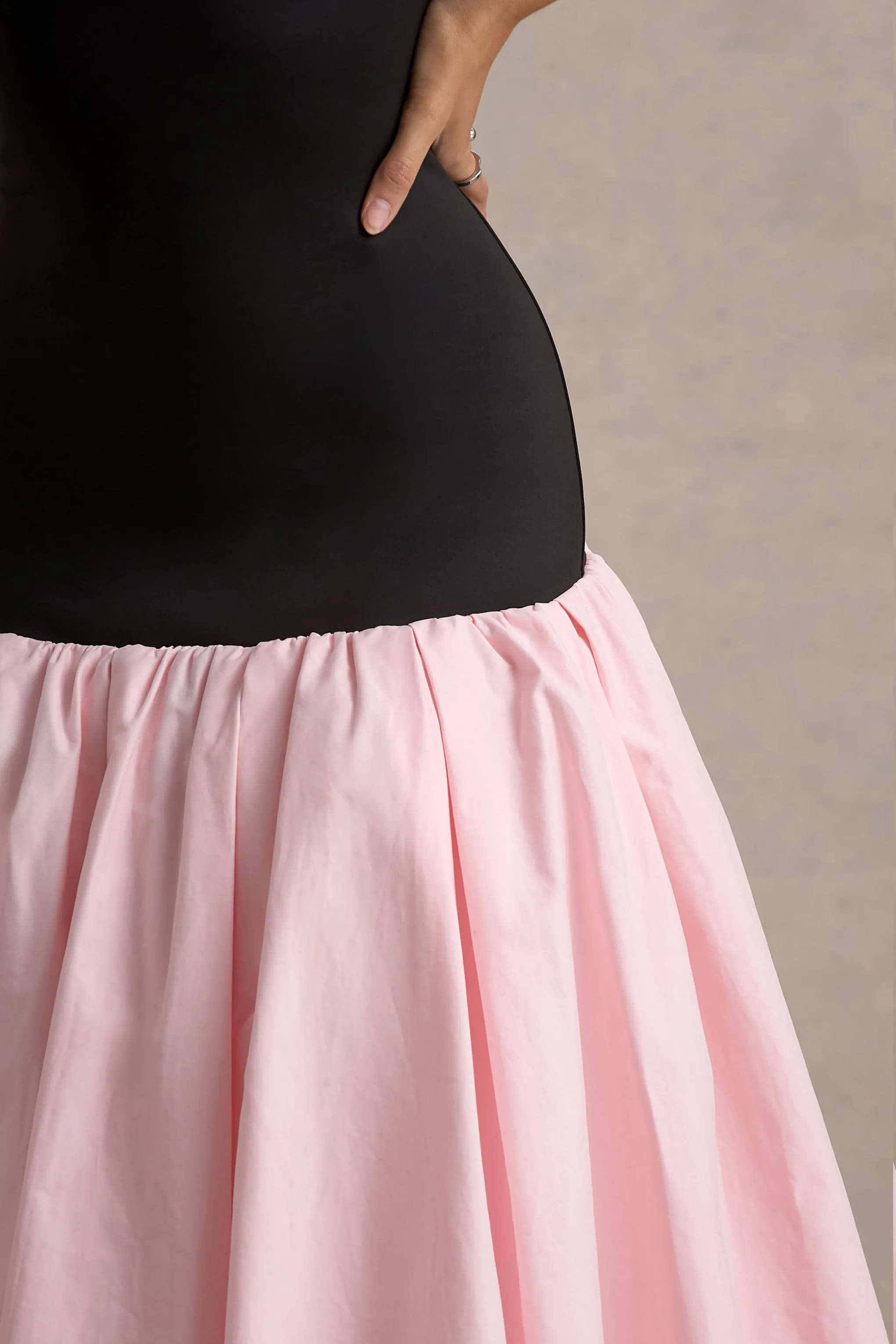 Parida | Black & Pink Poplin Drop-Waist Midi Dress With Peplum Hem Club L London