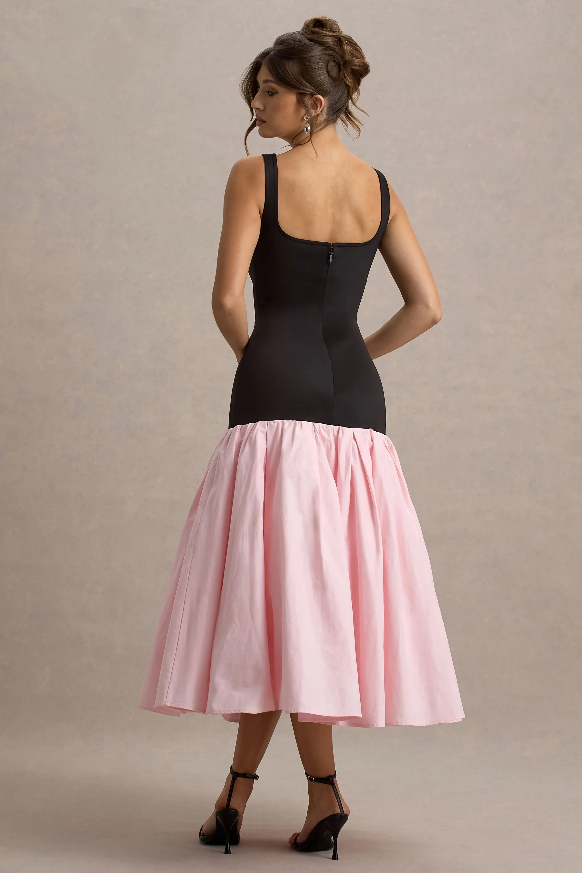 Parida | Black & Pink Poplin Drop-Waist Midi Dress With Peplum Hem Club L London