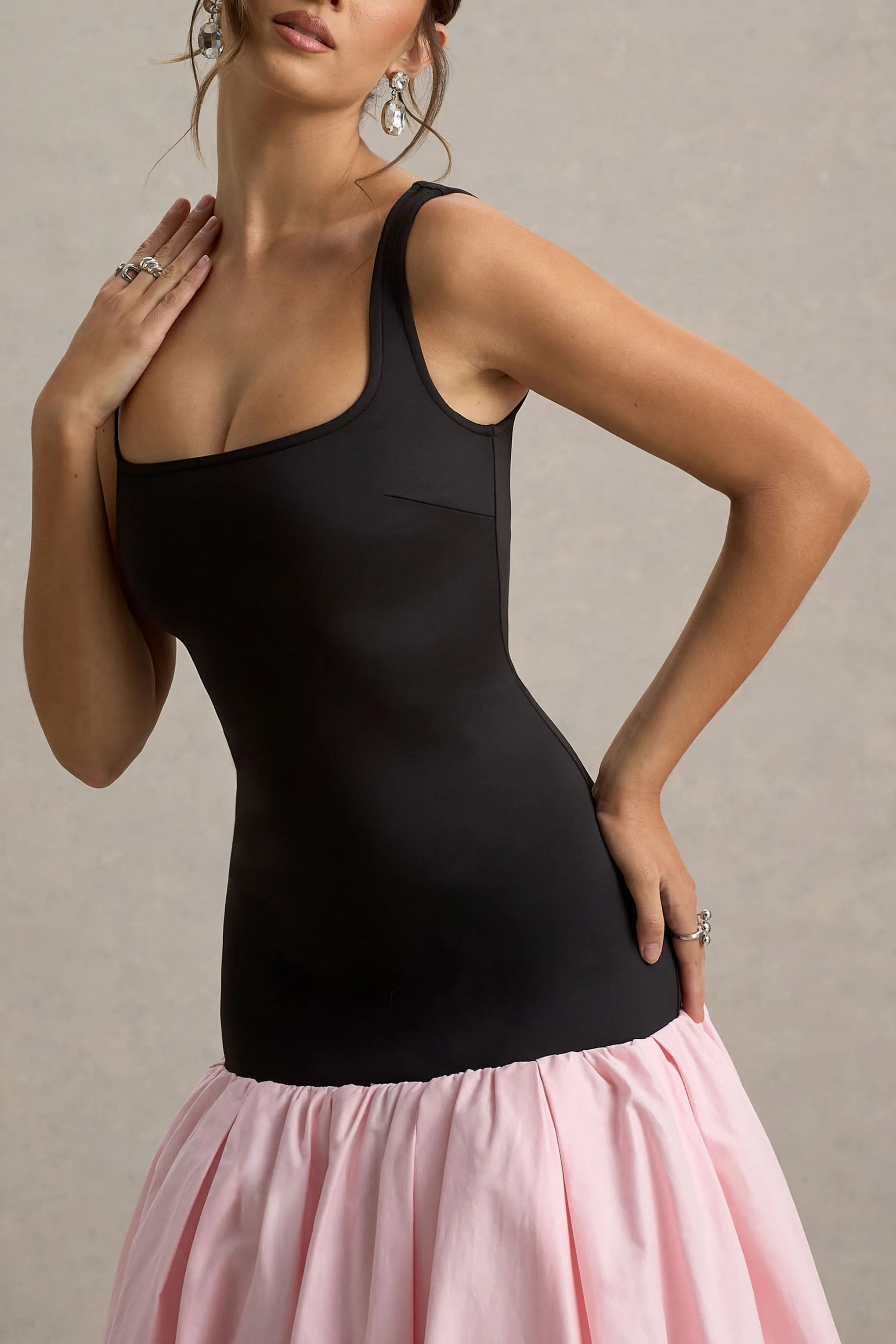 Parida | Black & Pink Poplin Drop-Waist Midi Dress With Peplum Hem Club L London