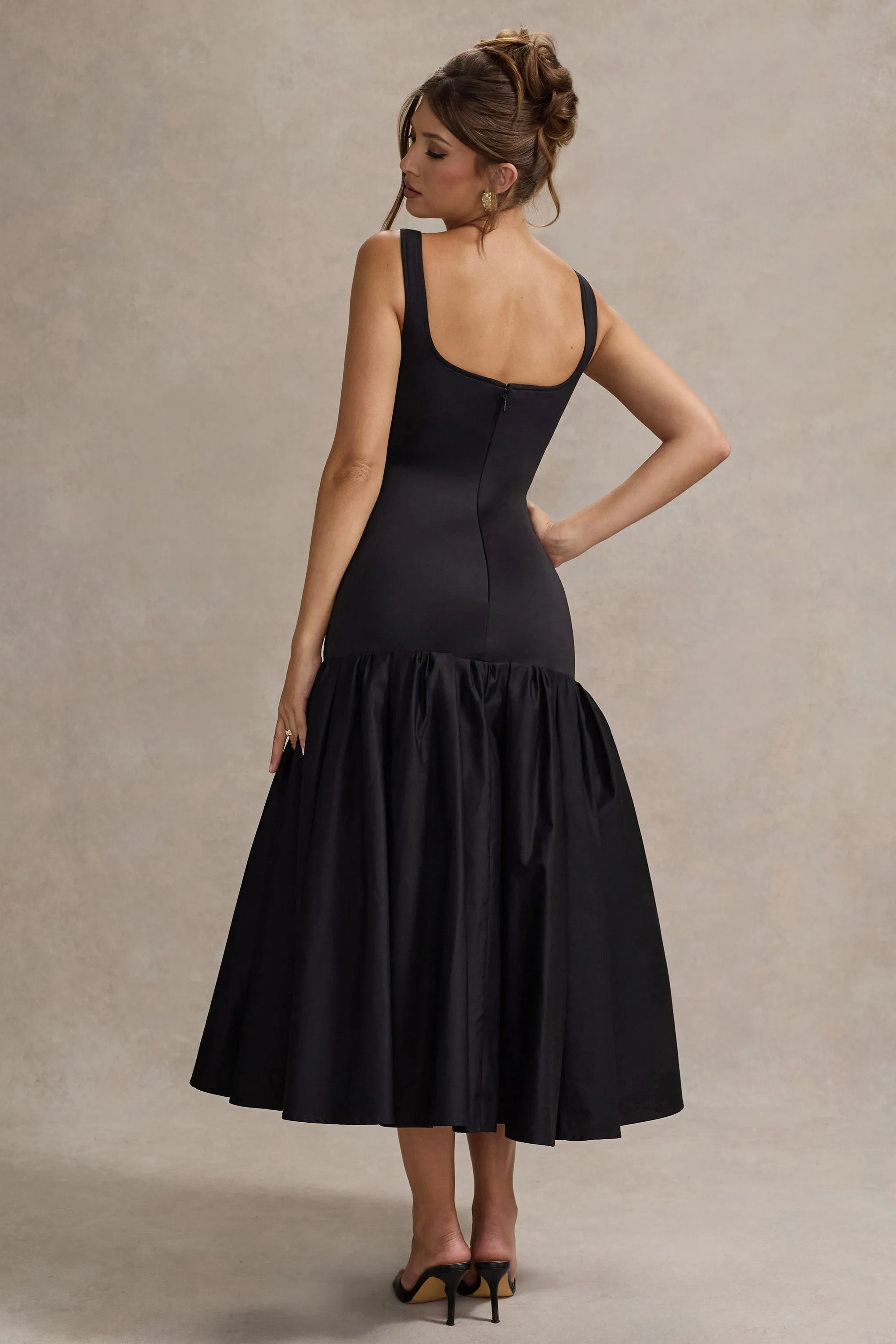 Parida | Black Poplin Drop-Waist Midi Dress With Peplum Hem Club L London
