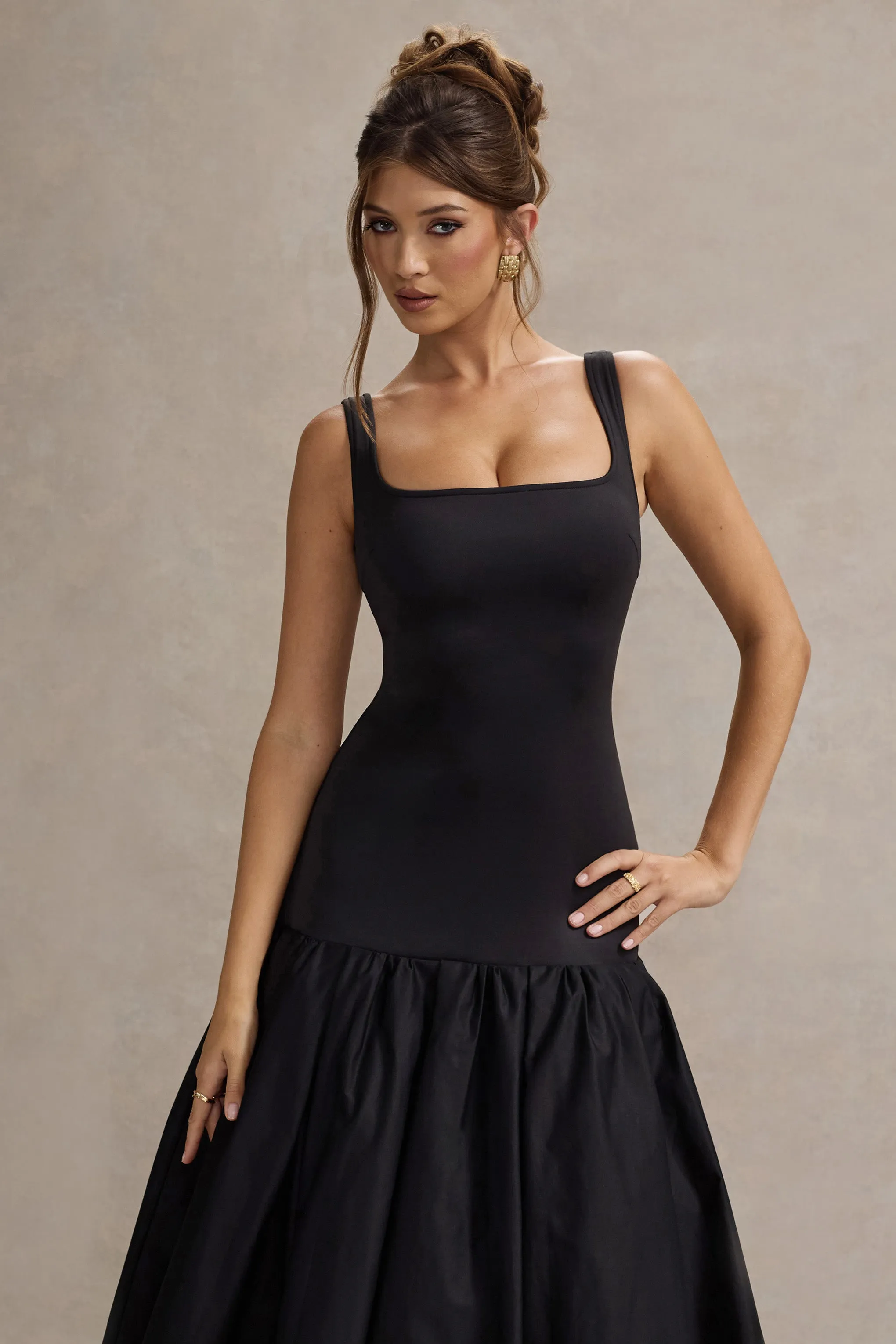 Parida | Black Poplin Drop-Waist Midi Dress With Peplum Hem Club L London