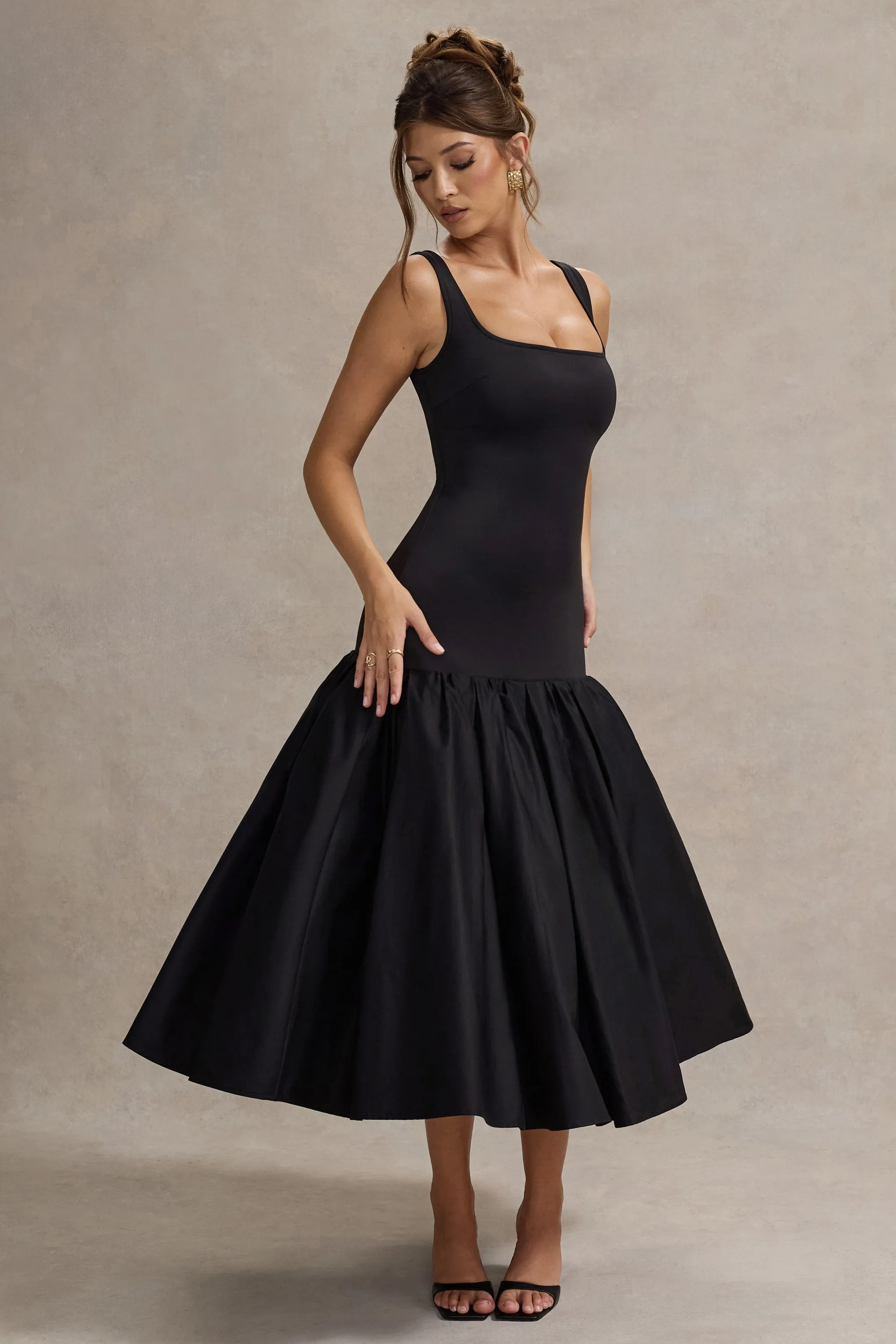 Parida | Black Poplin Drop-Waist Midi Dress With Peplum Hem Club L London