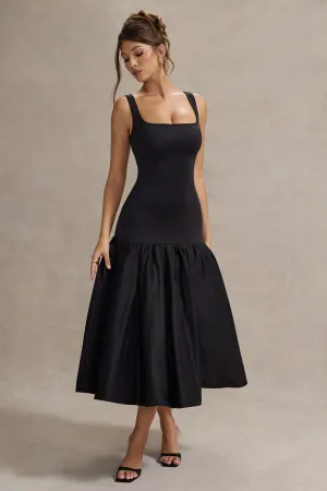 Parida | Black Poplin Drop-Waist Midi Dress With Peplum Hem Club L London