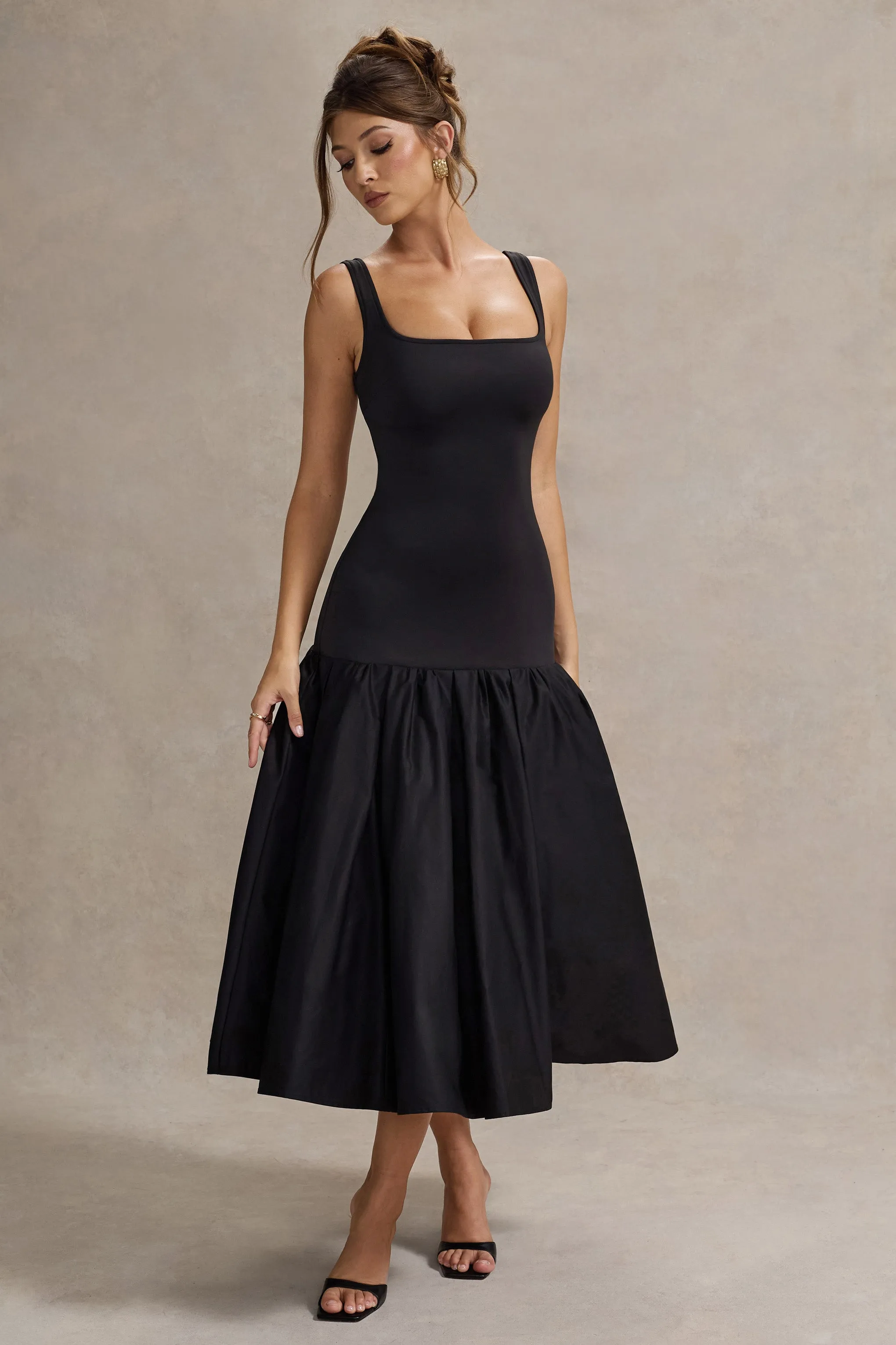 Parida | Black Poplin Drop-Waist Midi Dress With Peplum Hem Club L London