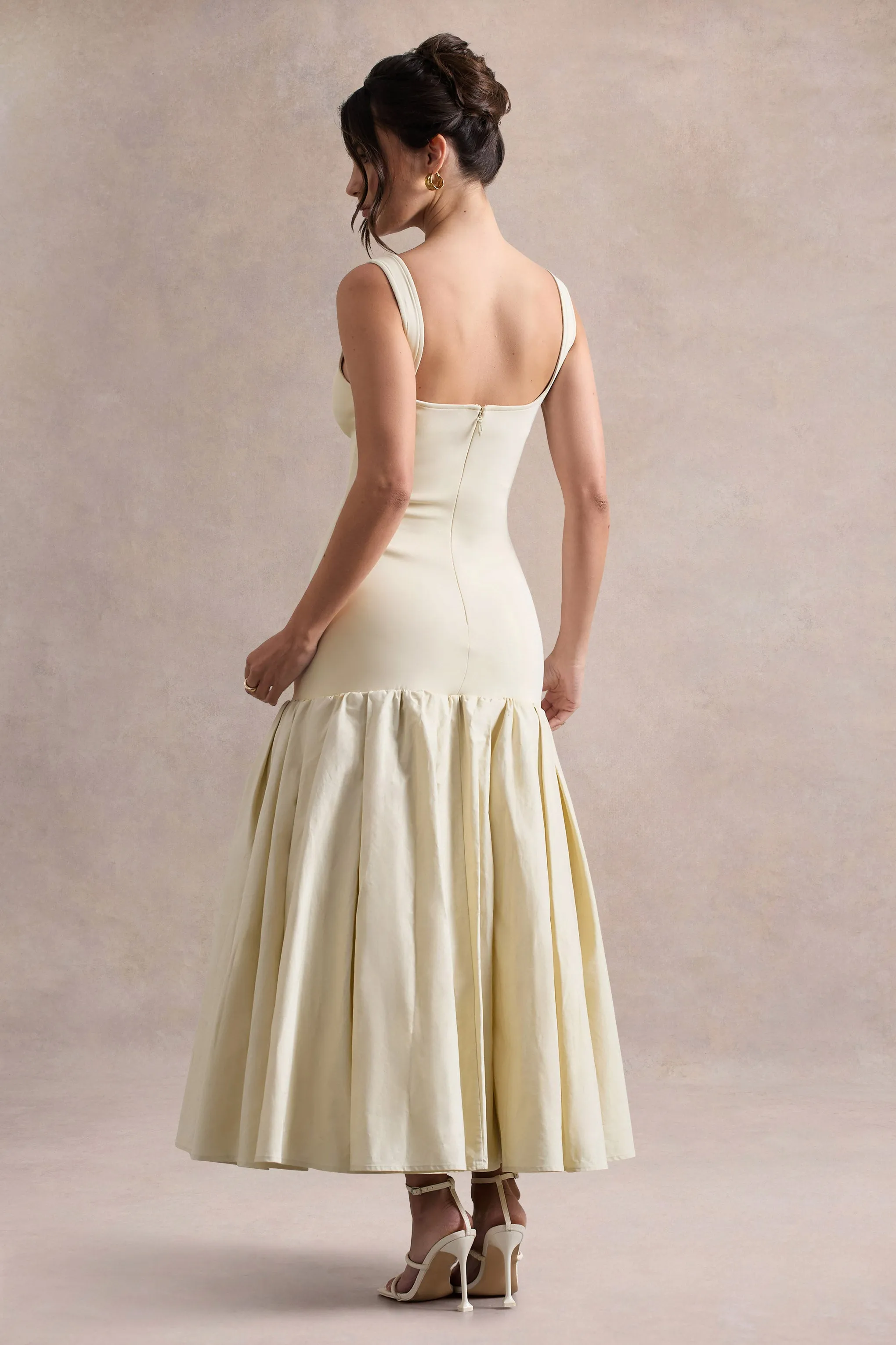 Parida | Cream Poplin Drop-Waist Midi Dress With Peplum Hem Club L London