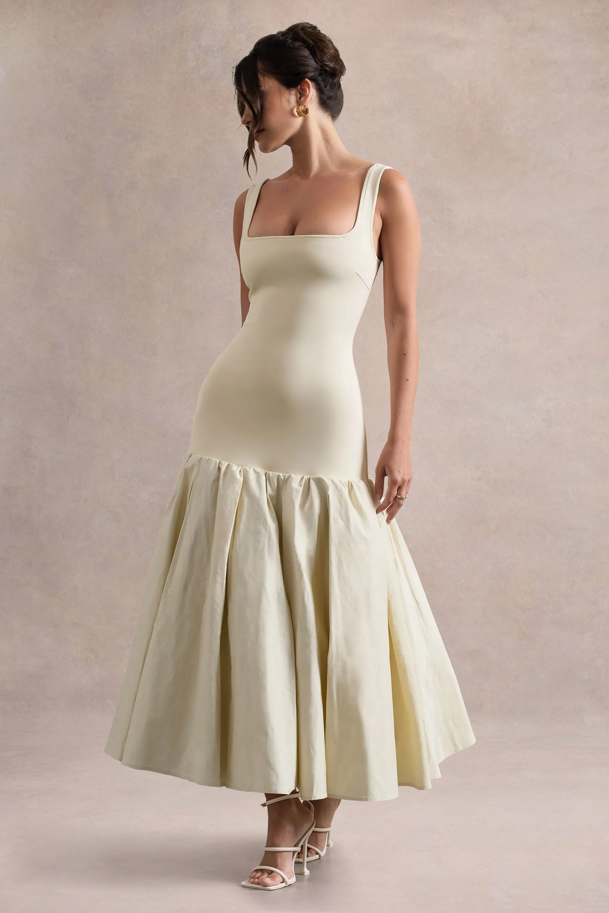 Parida | Cream Poplin Drop-Waist Midi Dress With Peplum Hem Club L London