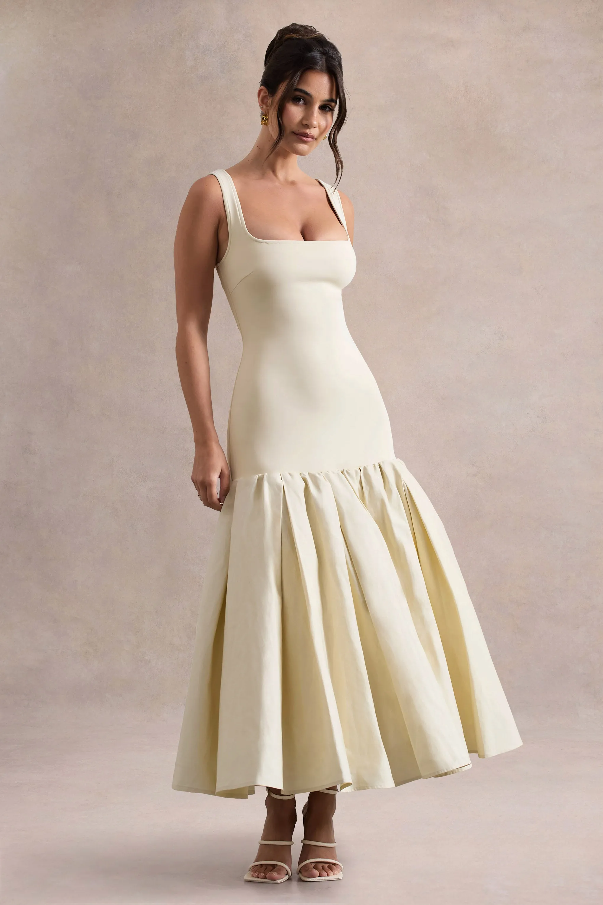 Parida | Cream Poplin Drop-Waist Midi Dress With Peplum Hem Club L London