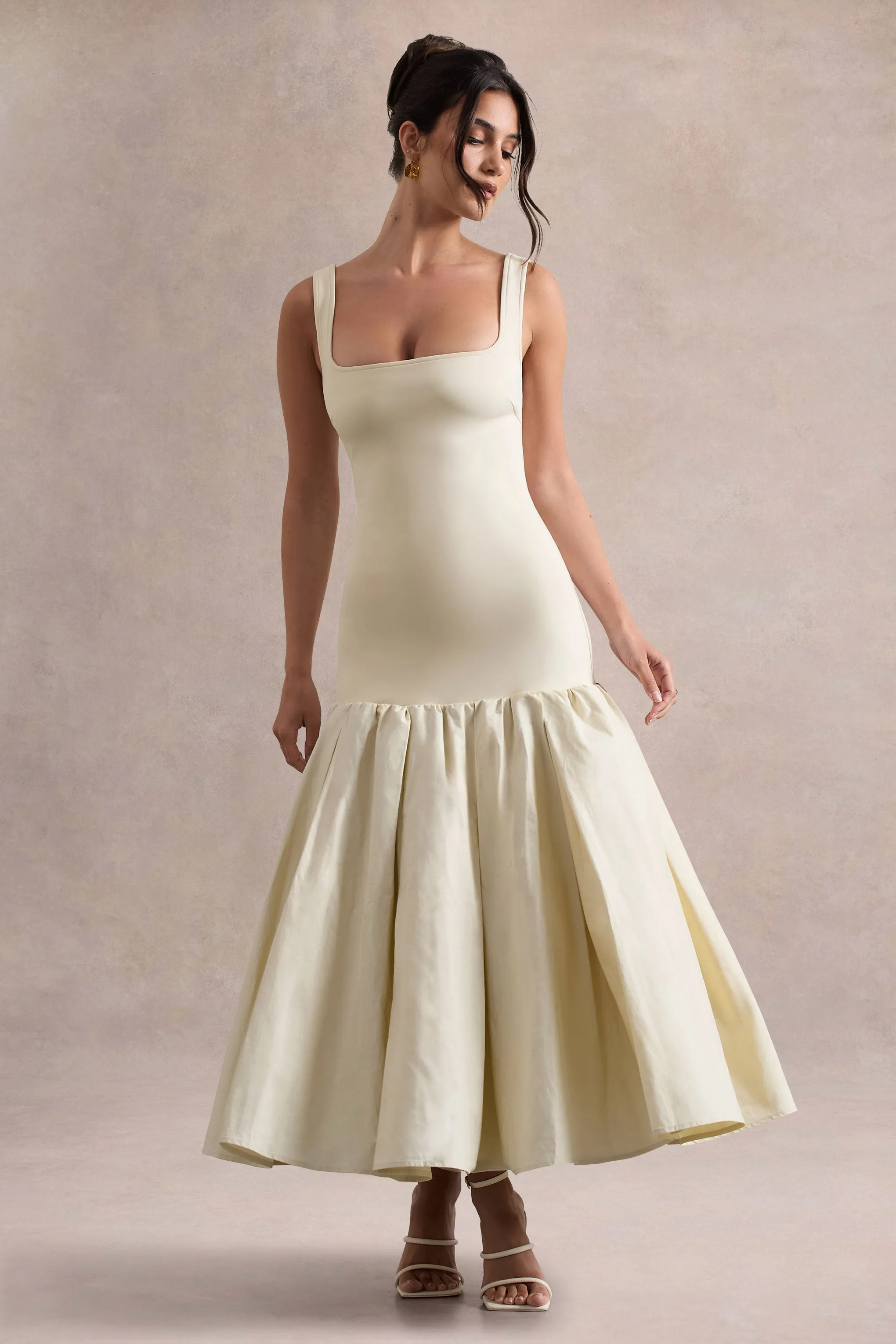 Parida | Cream Poplin Drop-Waist Midi Dress With Peplum Hem Club L London