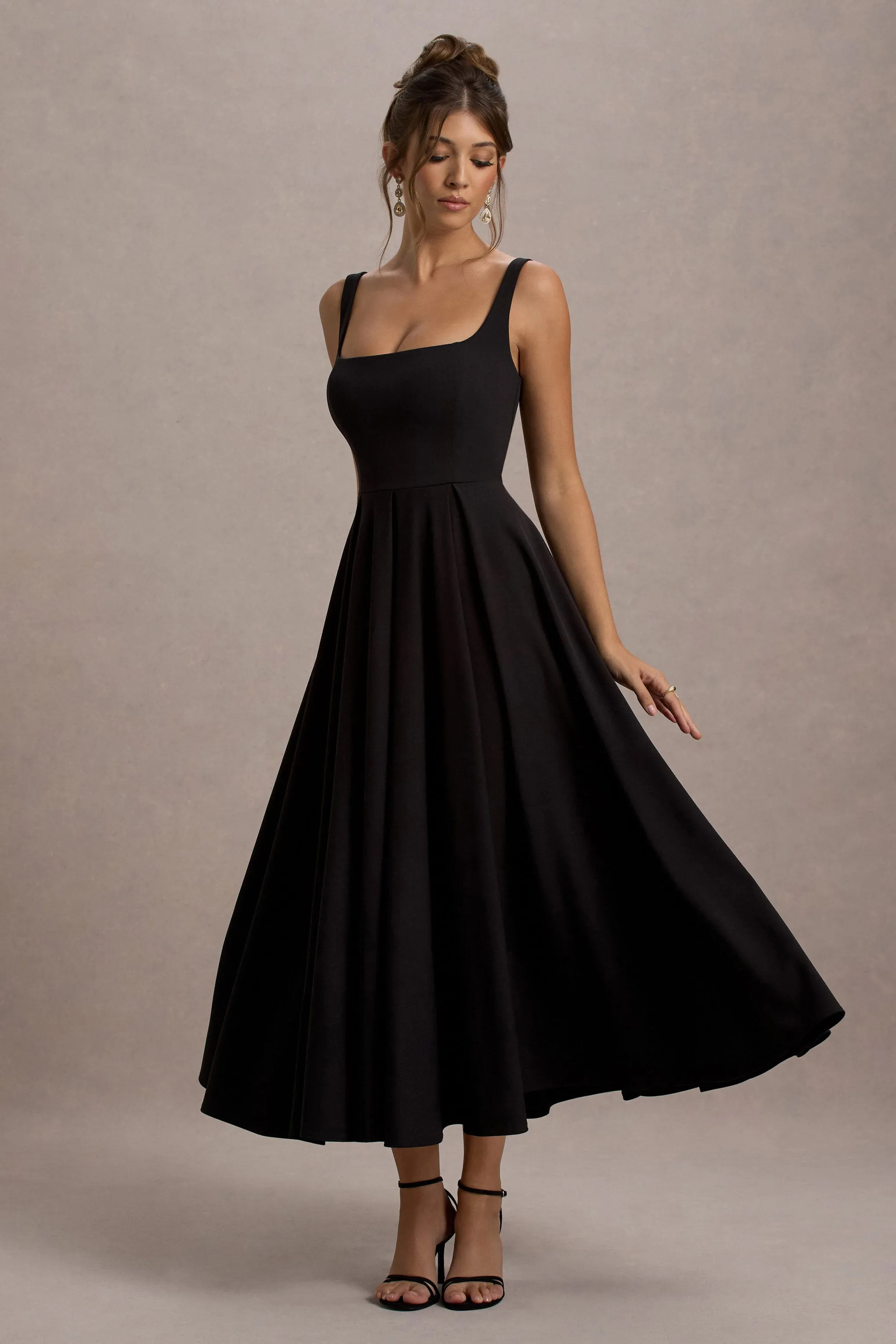Parina | Black Strappy Volume-Hem Midi Dress Club L London