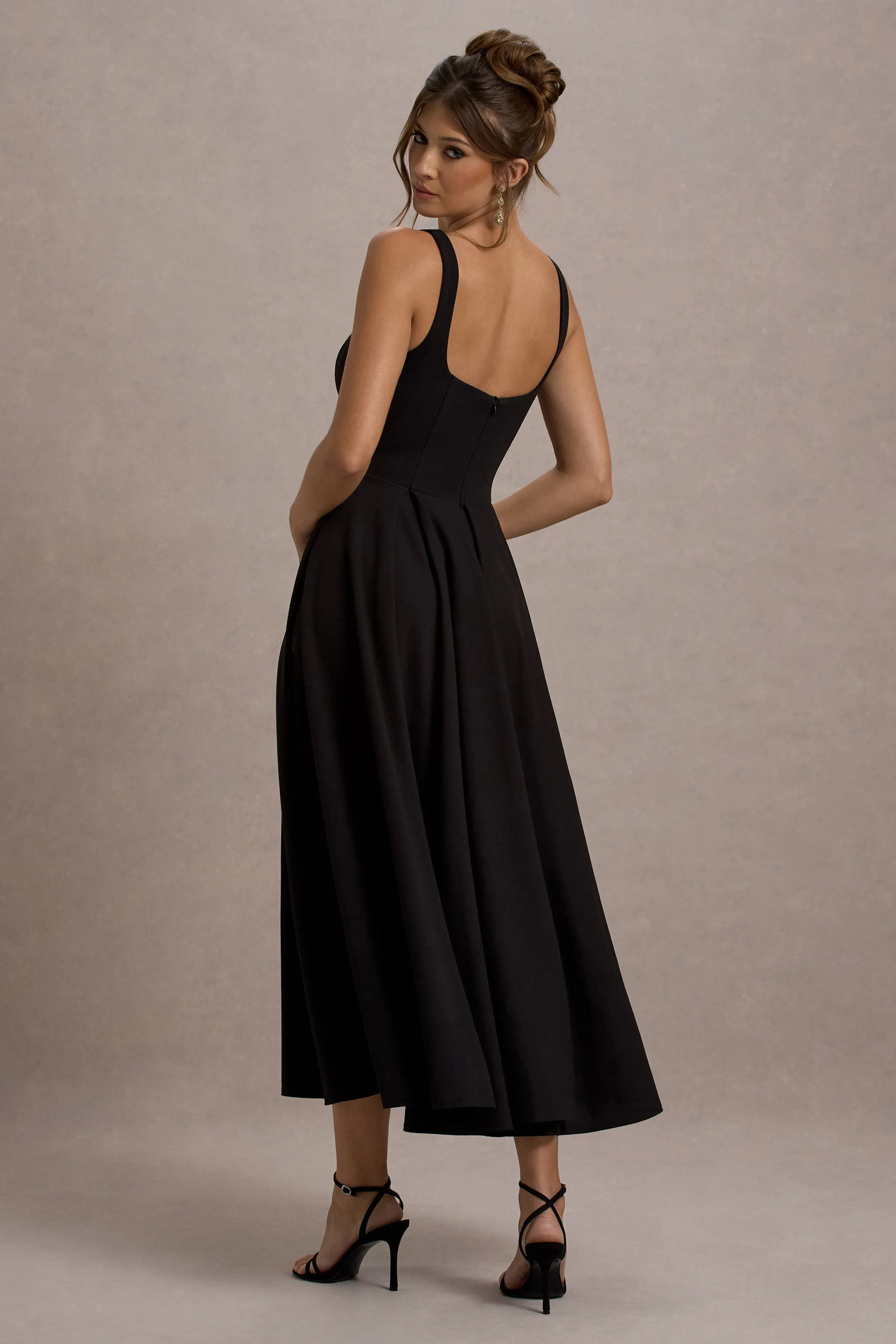 Parina | Black Strappy Volume-Hem Midi Dress Club L London