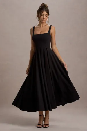 Parina | Black Strappy Volume-Hem Midi Dress Club L London