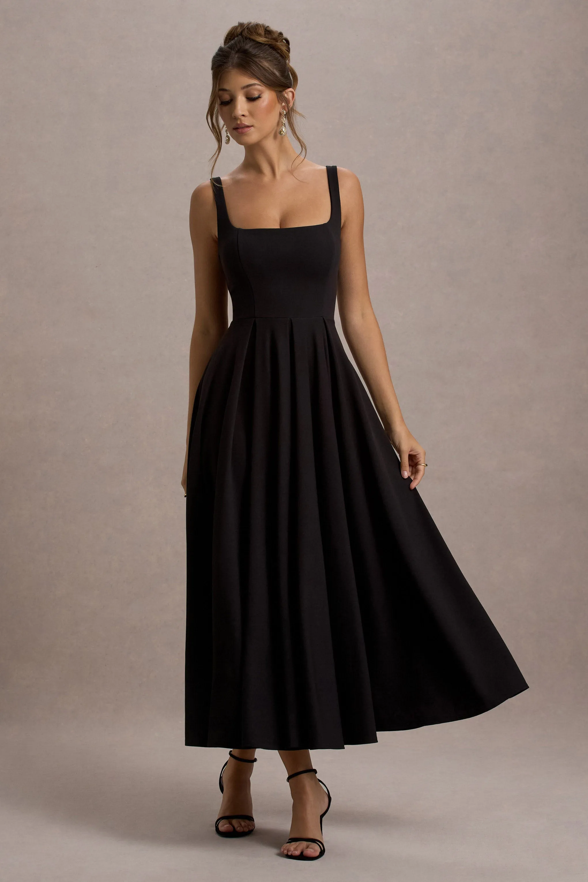 Parina | Black Strappy Volume-Hem Midi Dress Club L London