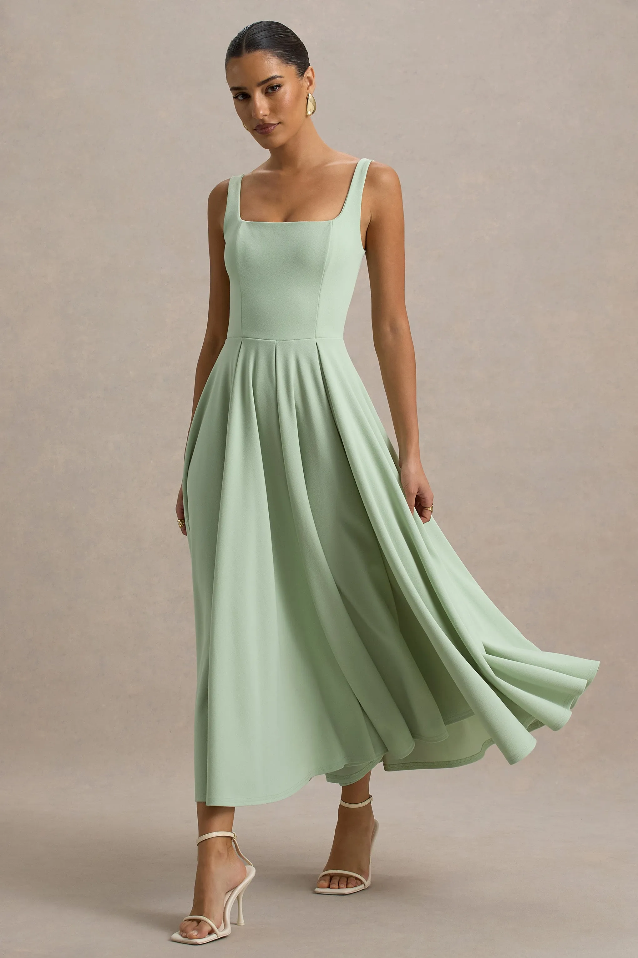 Parina | Light Green Strappy Volume-Hem Midi Dress Club L London