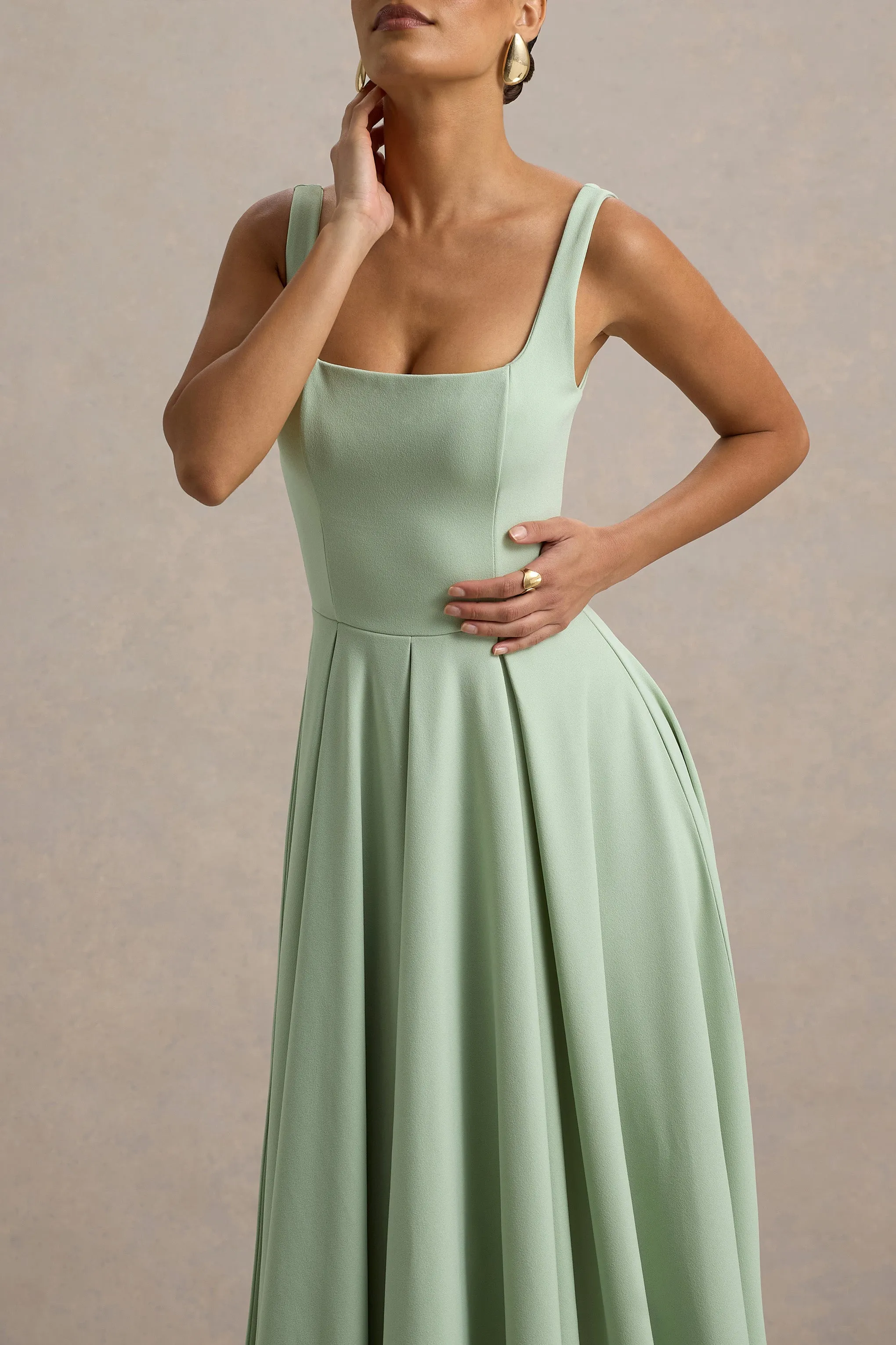 Parina | Light Green Strappy Volume-Hem Midi Dress Club L London