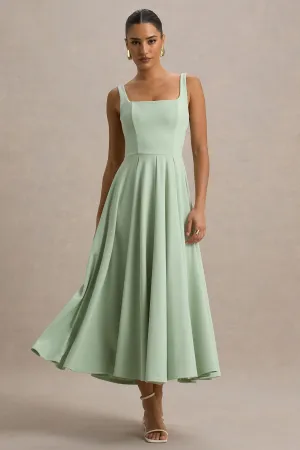 Parina | Light Green Strappy Volume-Hem Midi Dress Club L London