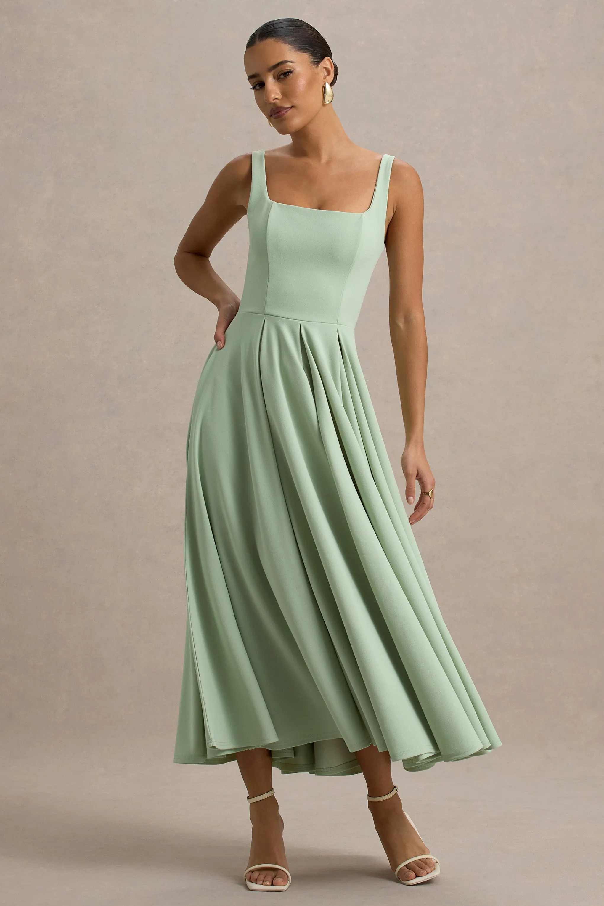 Parina | Light Green Strappy Volume-Hem Midi Dress Club L London