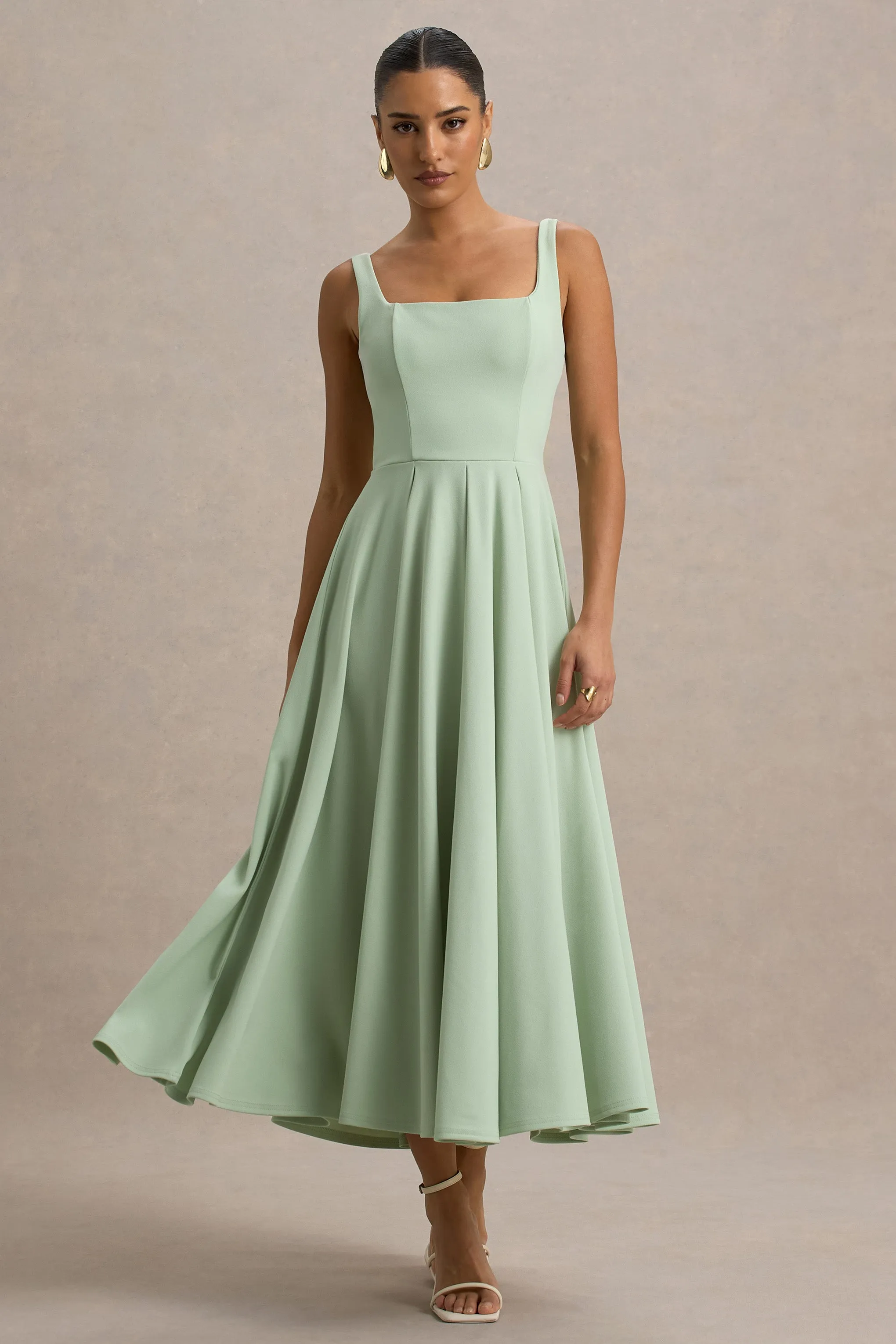 Parina | Light Green Strappy Volume-Hem Midi Dress Club L London