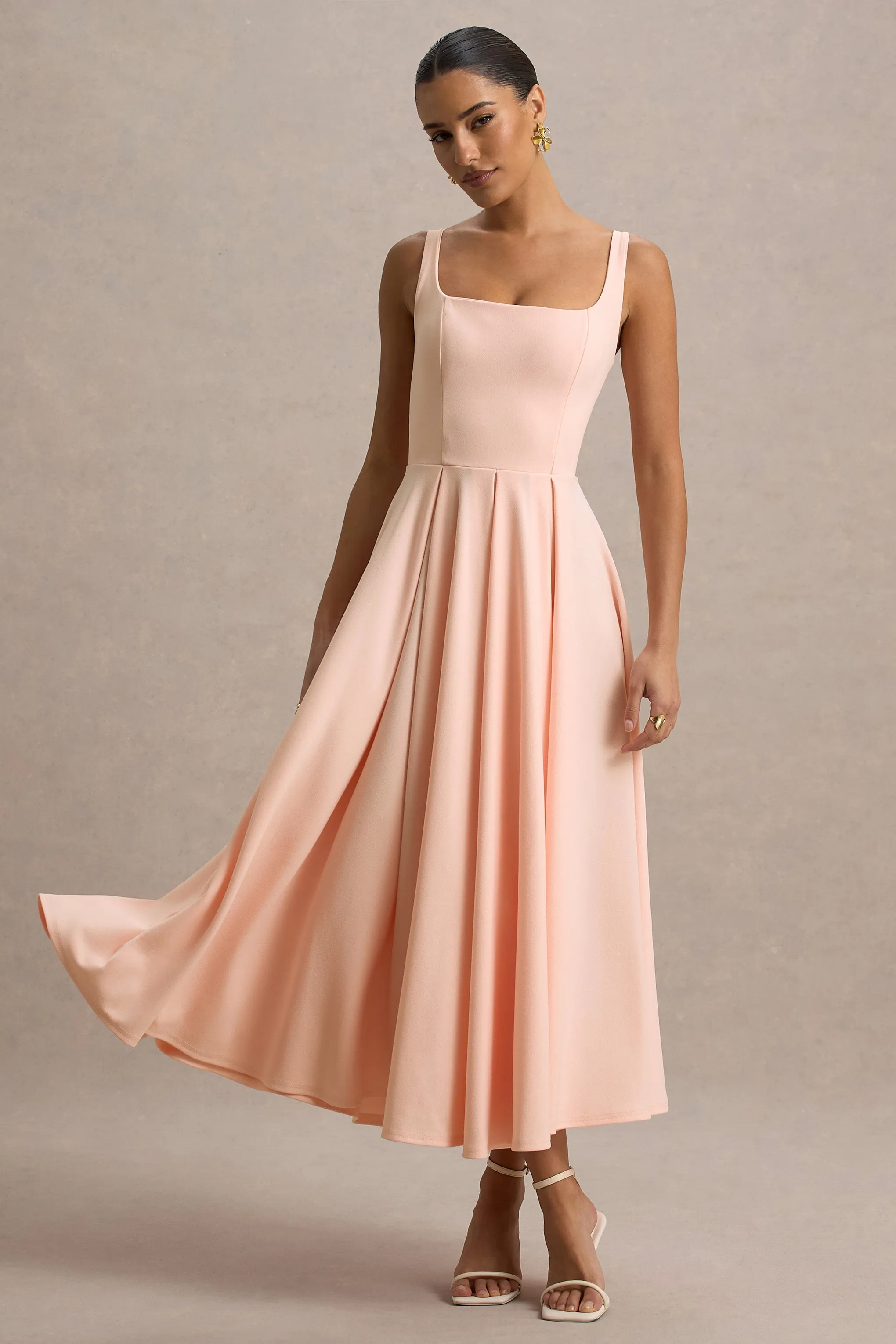 Parina | Pink Strappy Volume-Hem Midi Dress Club L London
