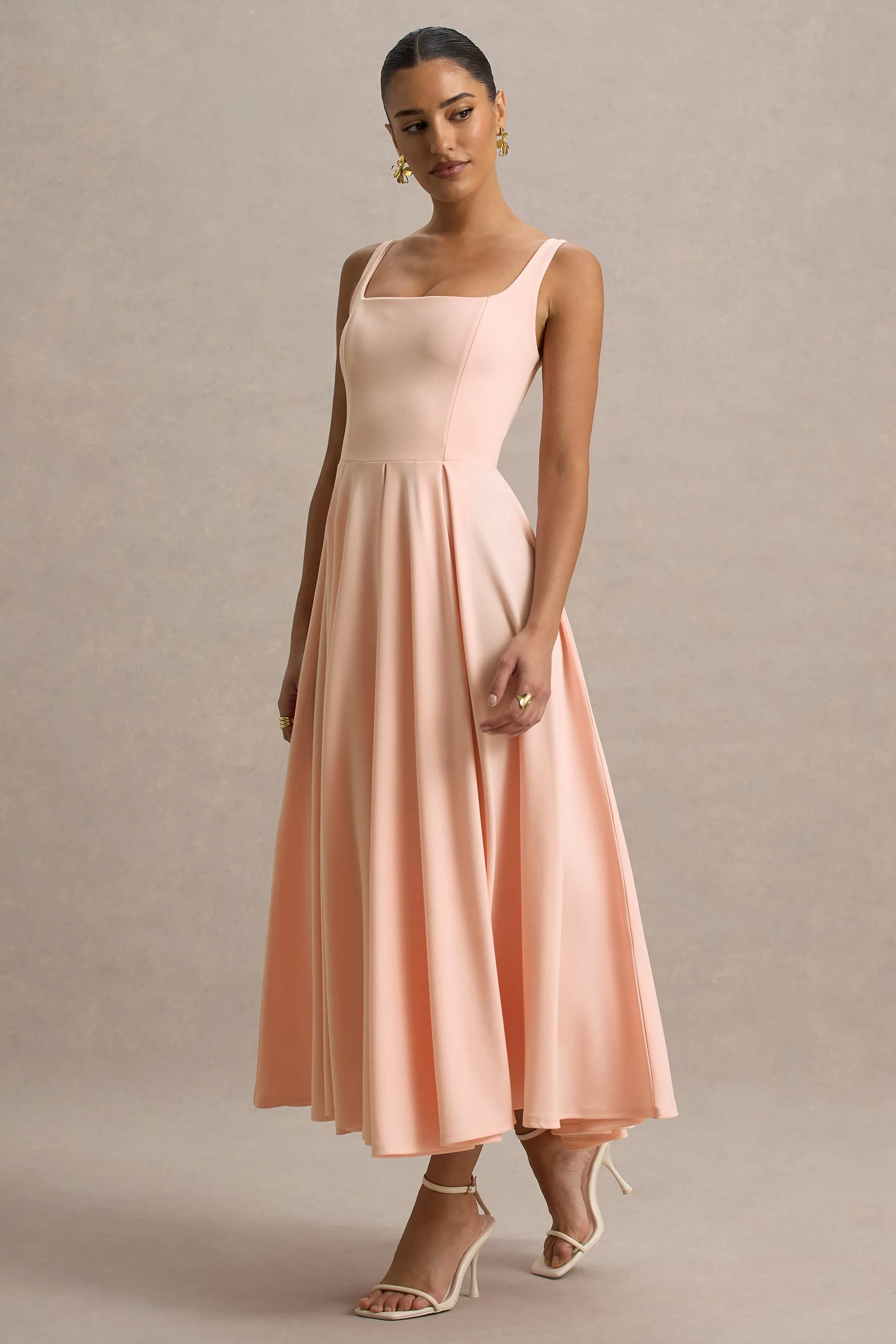 Parina | Pink Strappy Volume-Hem Midi Dress Club L London