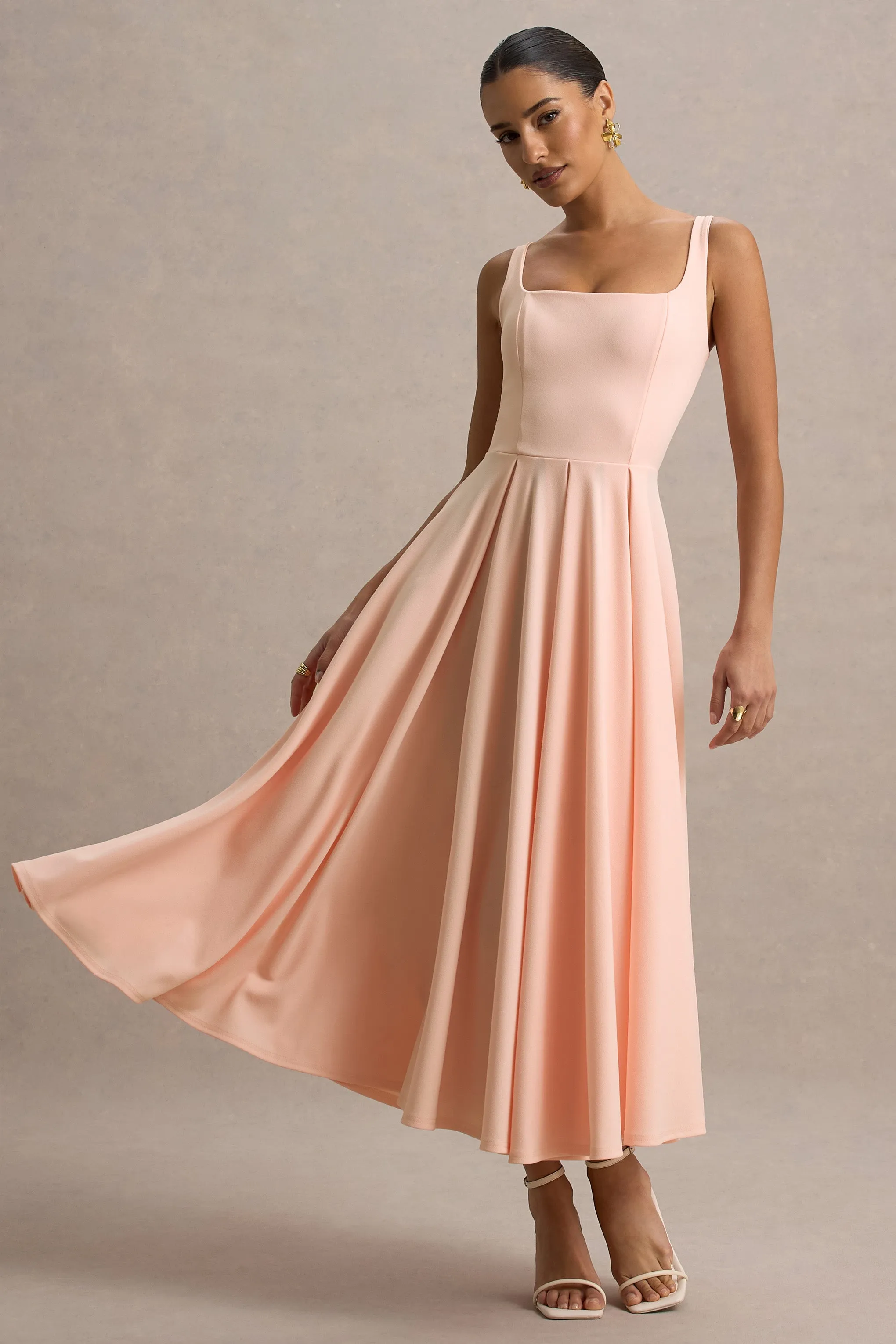 Parina | Pink Strappy Volume-Hem Midi Dress Club L London