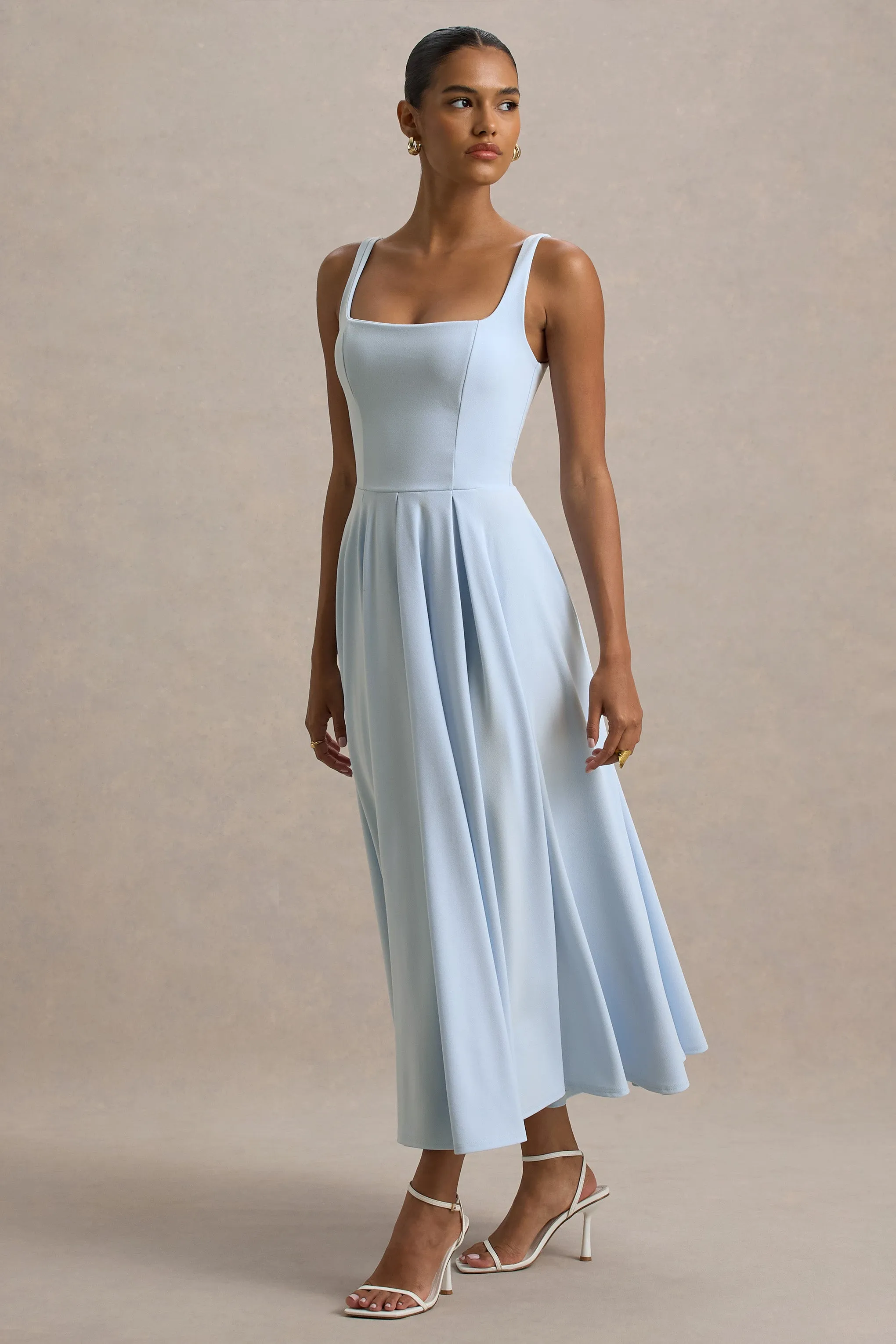 Parina | Powder Blue Strappy Volume-Hem Midi Dress Club L London