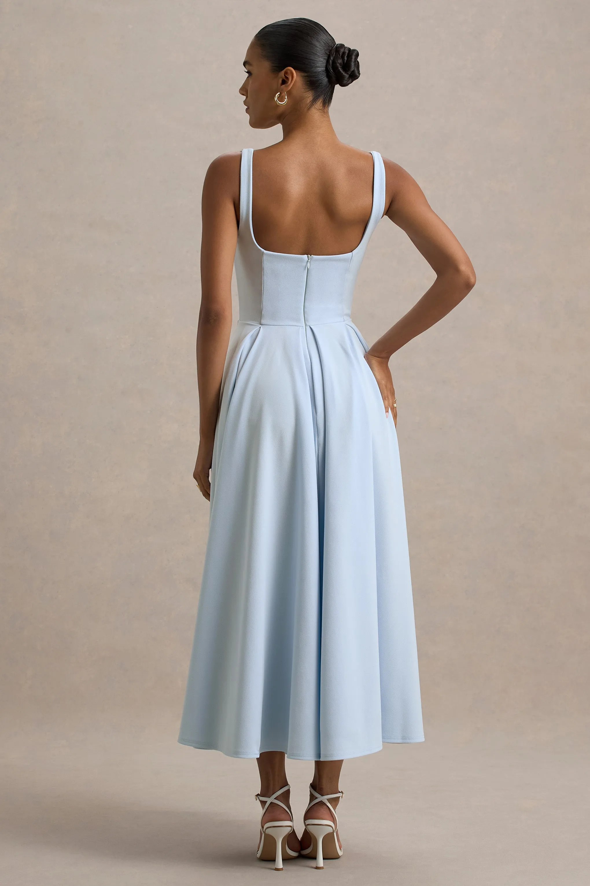 Parina | Powder Blue Strappy Volume-Hem Midi Dress Club L London