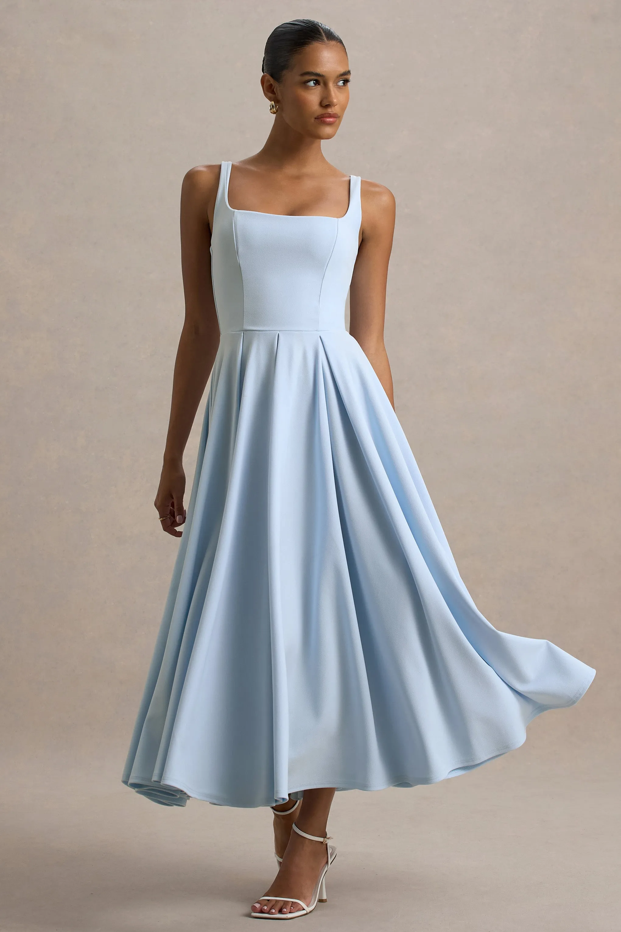 Parina | Powder Blue Strappy Volume-Hem Midi Dress Club L London