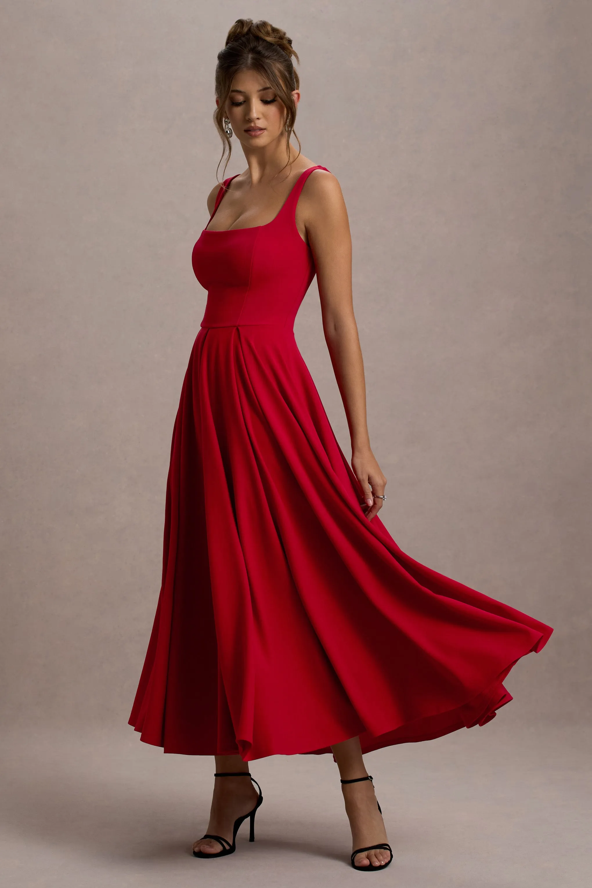 Parina | Red Strappy Volume-Hem Midi Dress Club L London