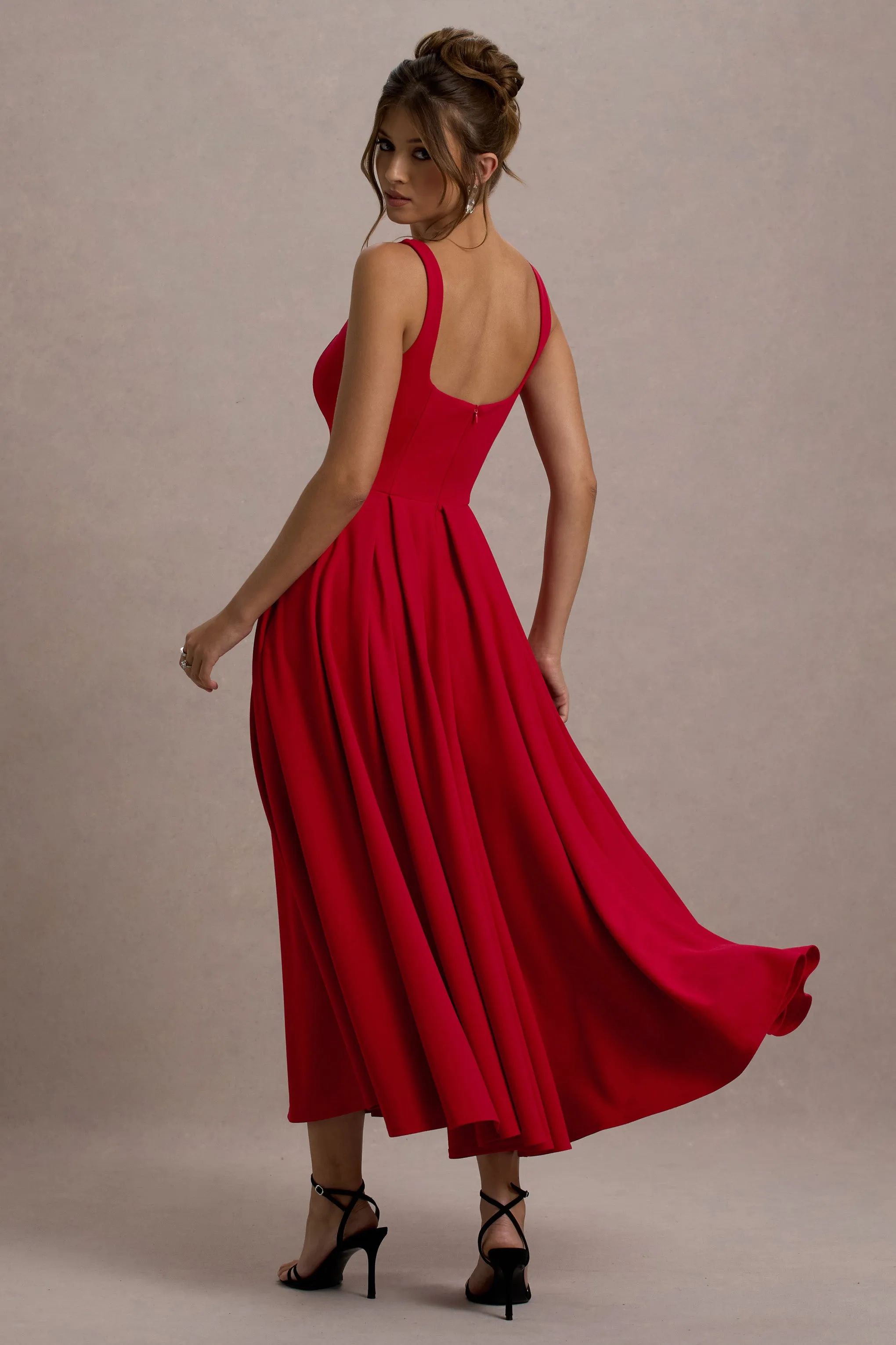 Parina | Red Strappy Volume-Hem Midi Dress Club L London