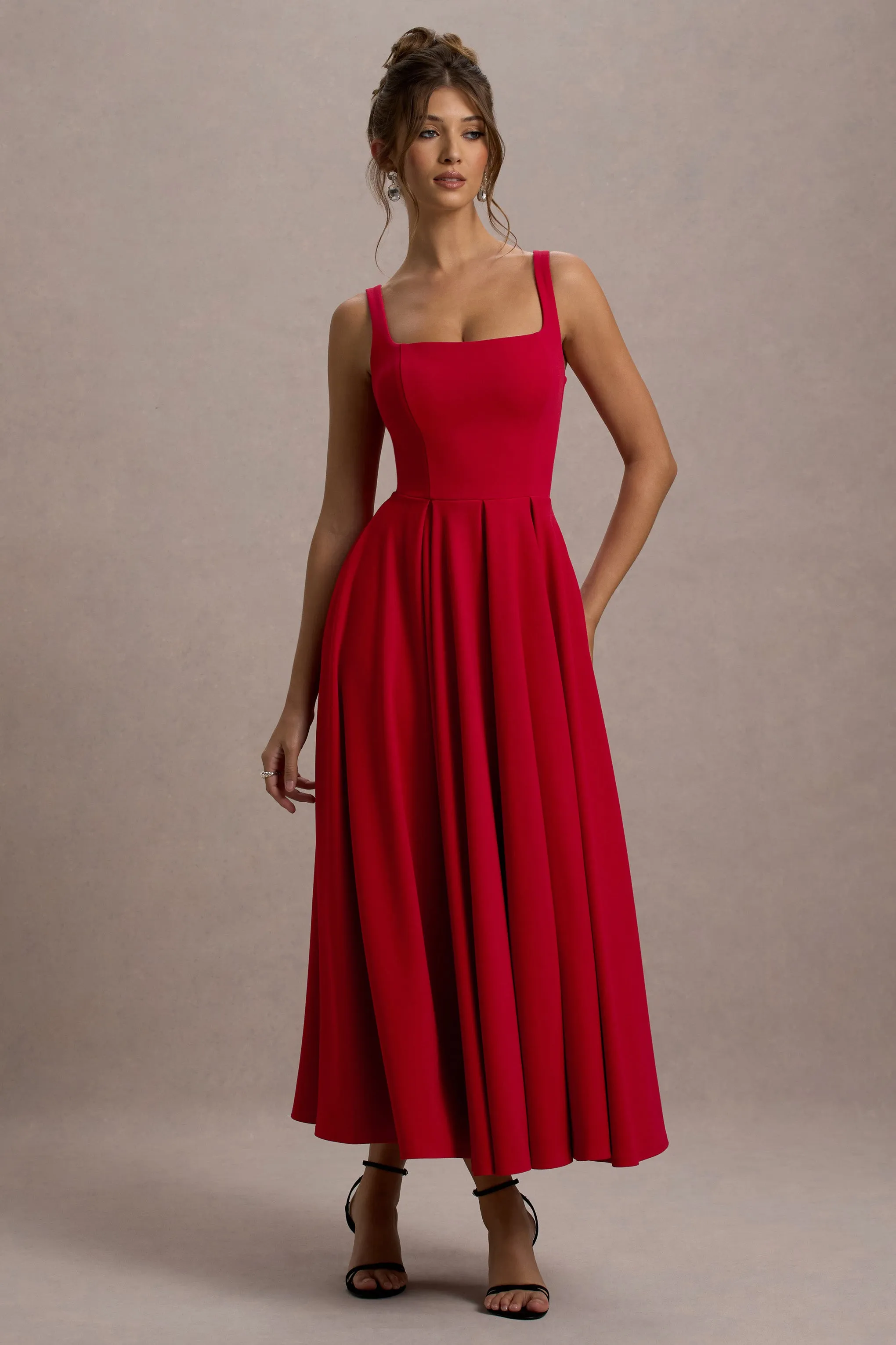 Parina | Red Strappy Volume-Hem Midi Dress Club L London