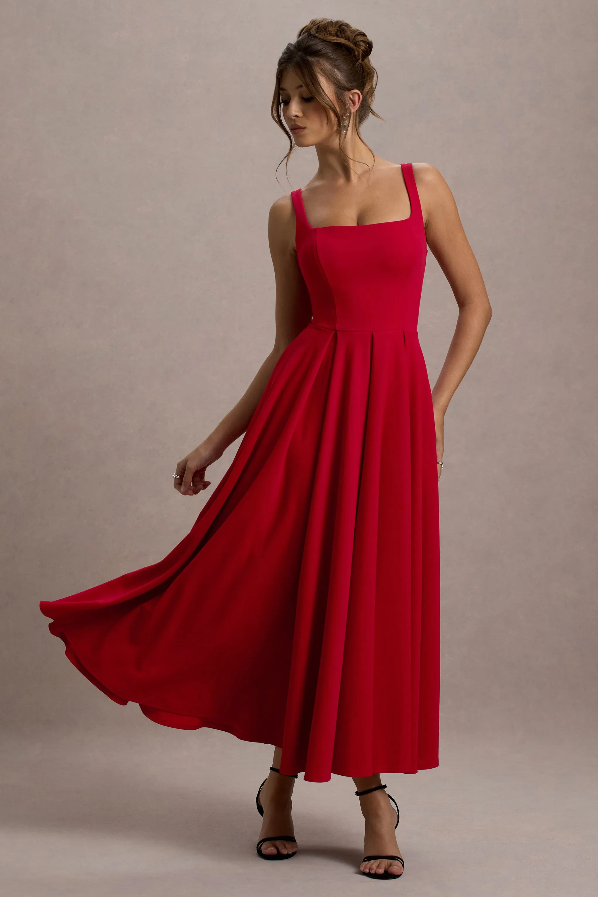 Parina | Red Strappy Volume-Hem Midi Dress Club L London