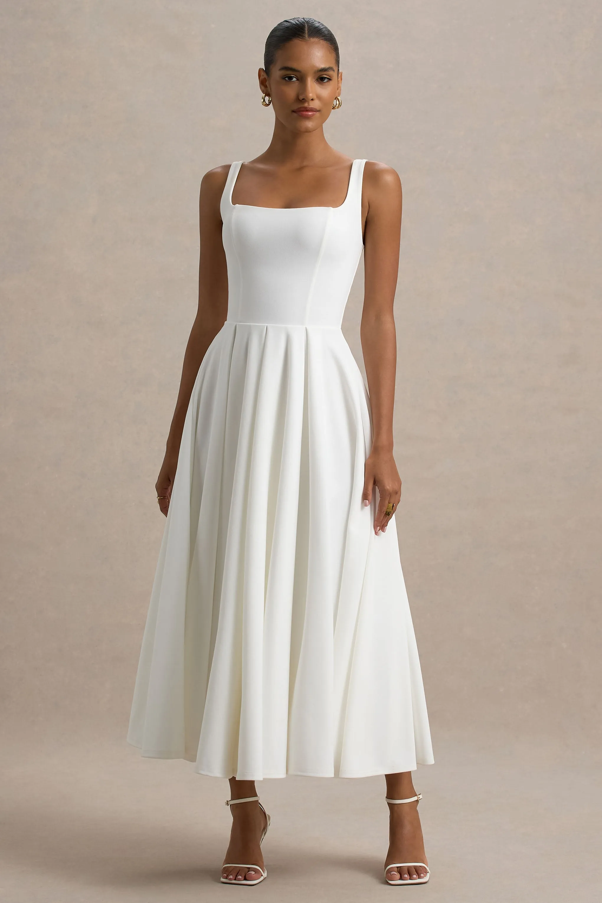 Parina | White Strappy Volume-Hem Midi Dress Club L London