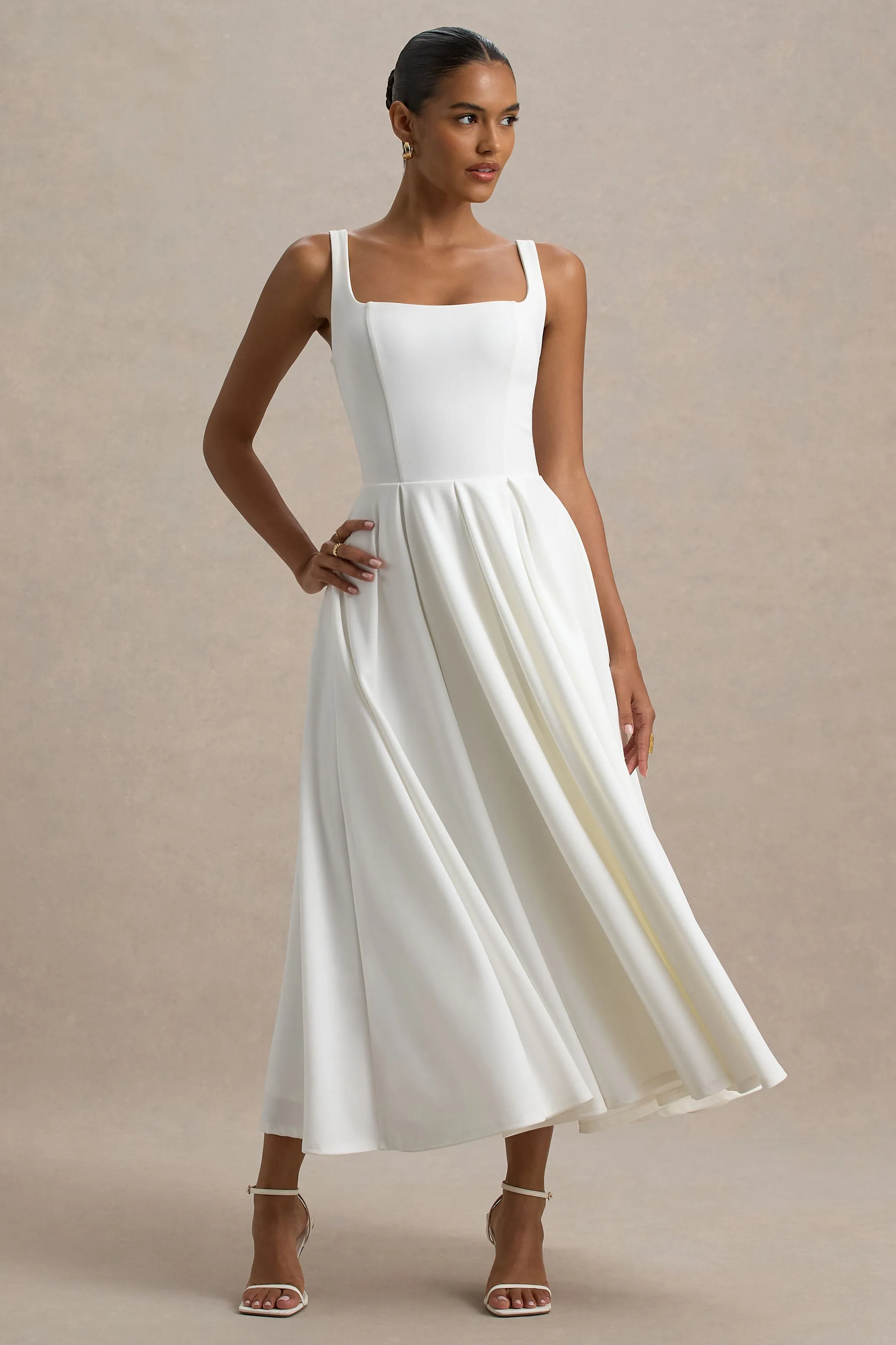 Parina | White Strappy Volume-Hem Midi Dress Club L London