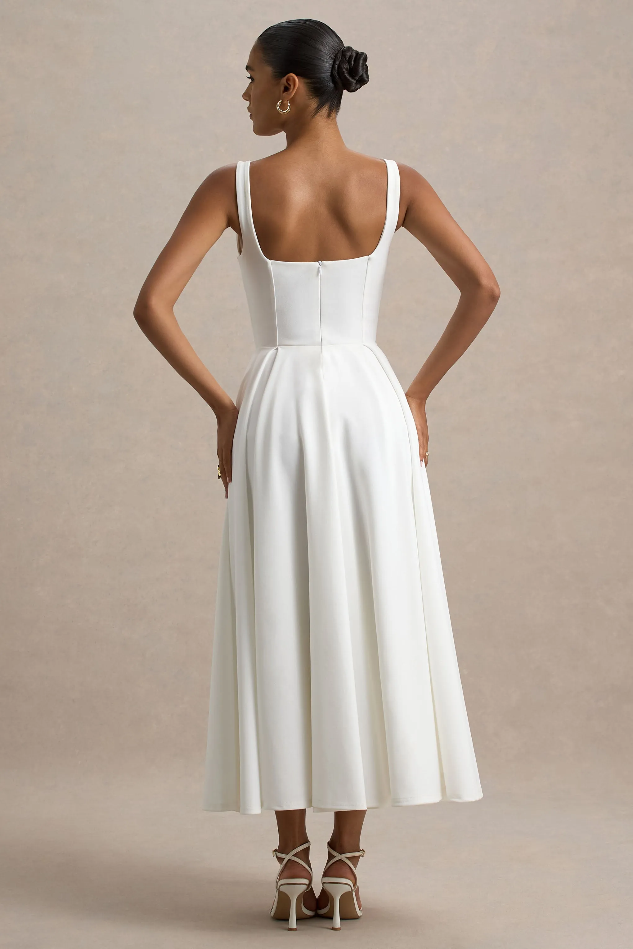Parina | White Strappy Volume-Hem Midi Dress Club L London