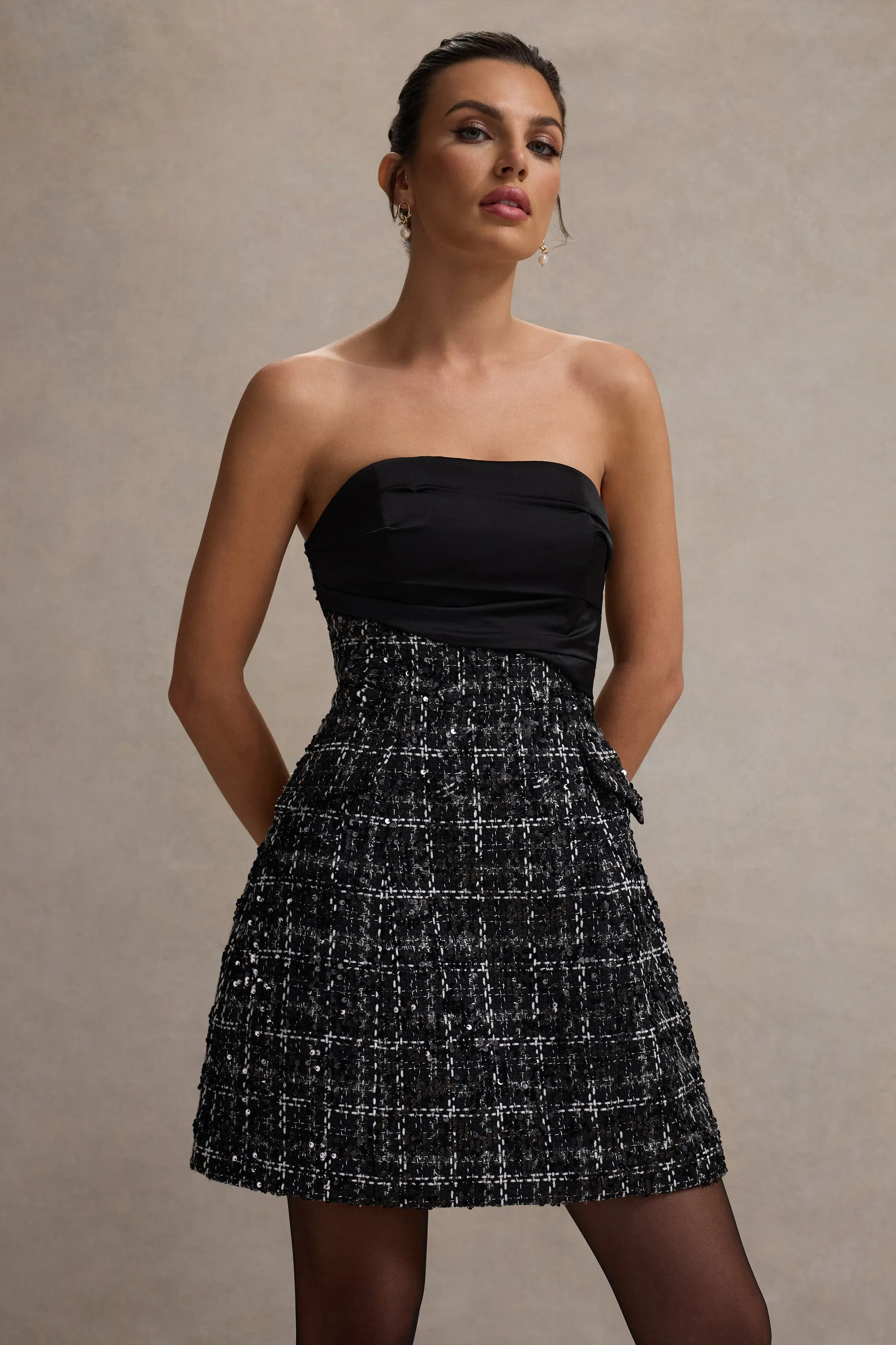 Park Avenue | Black Boucle Strapless Tailored Mini Dress Club L London