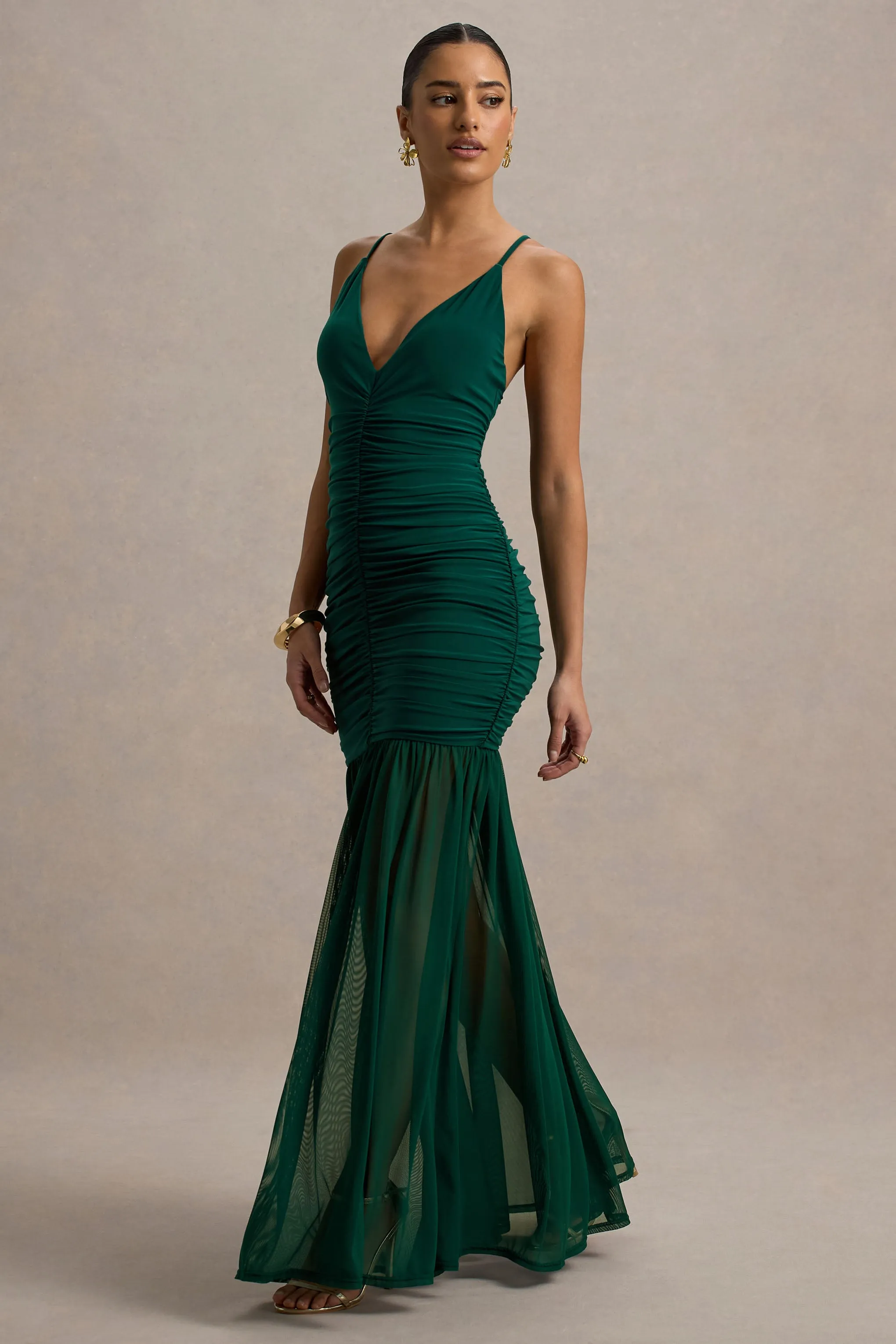 Pasqualina | Bottle Green Ruched Plunge-Neck Maxi Dress Club L London