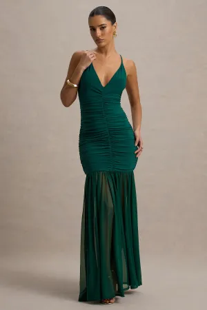 Pasqualina | Bottle Green Ruched Plunge-Neck Maxi Dress Club L London