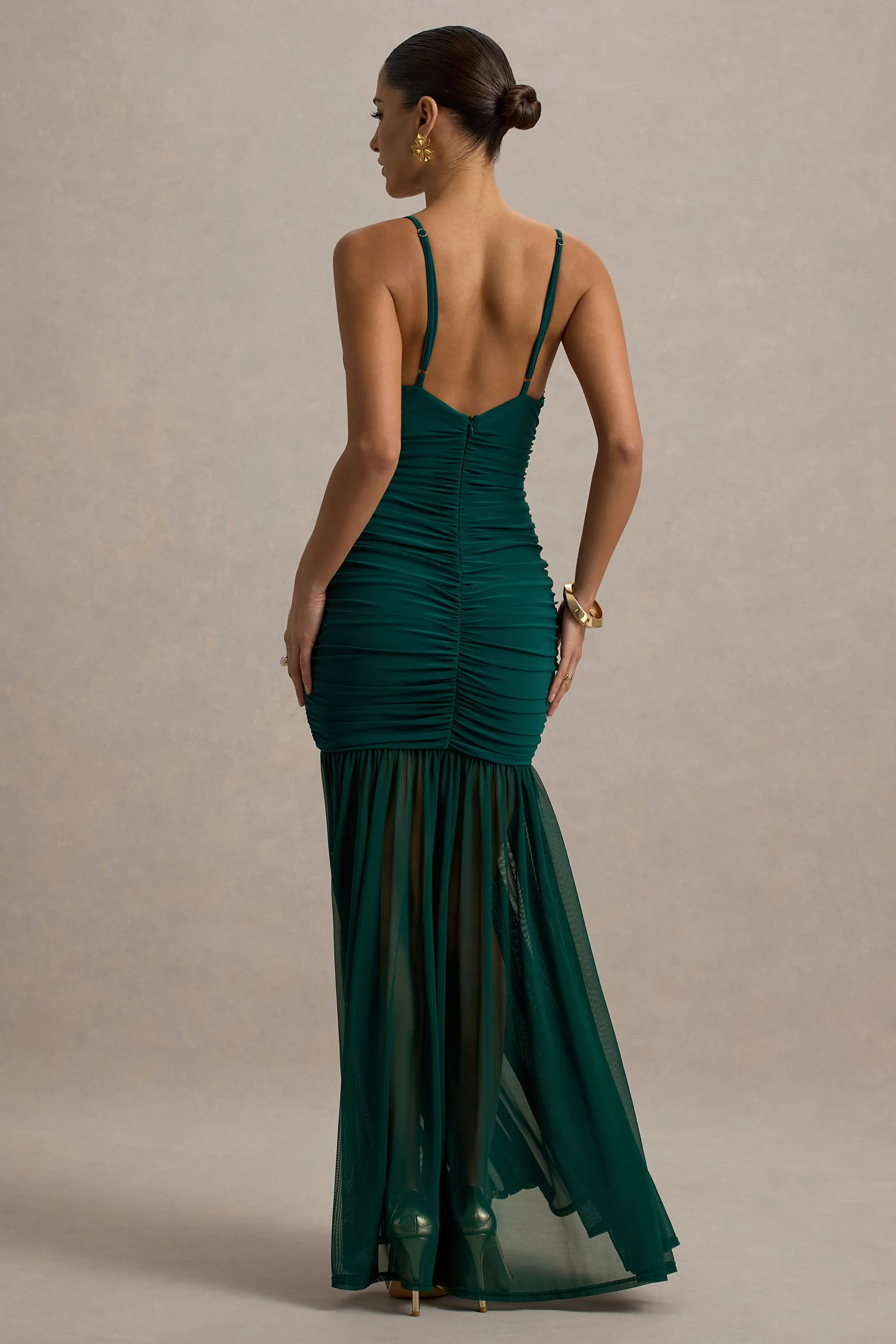Pasqualina | Bottle Green Ruched Plunge-Neck Maxi Dress Club L London