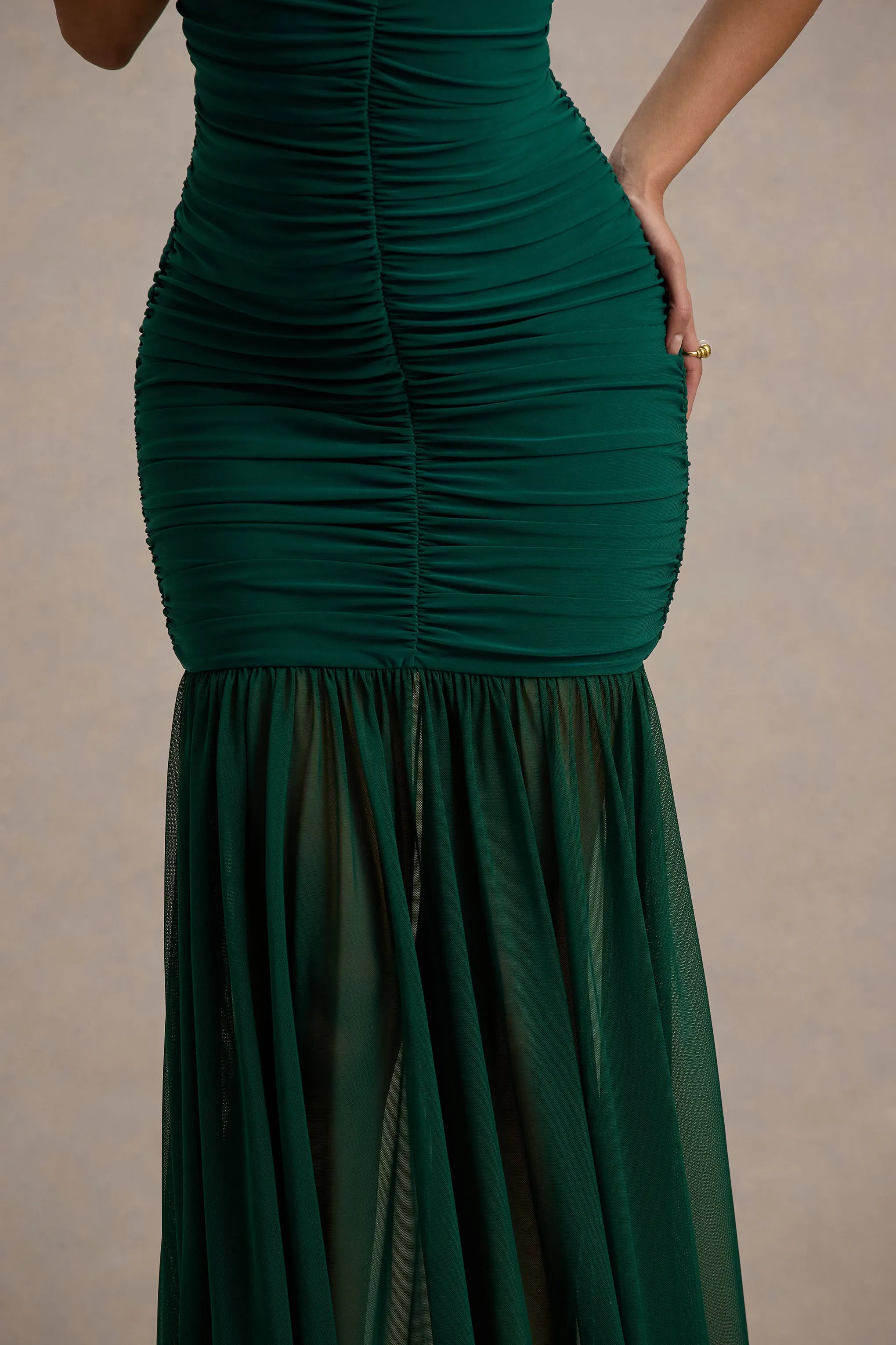 Pasqualina | Bottle Green Ruched Plunge-Neck Maxi Dress Club L London