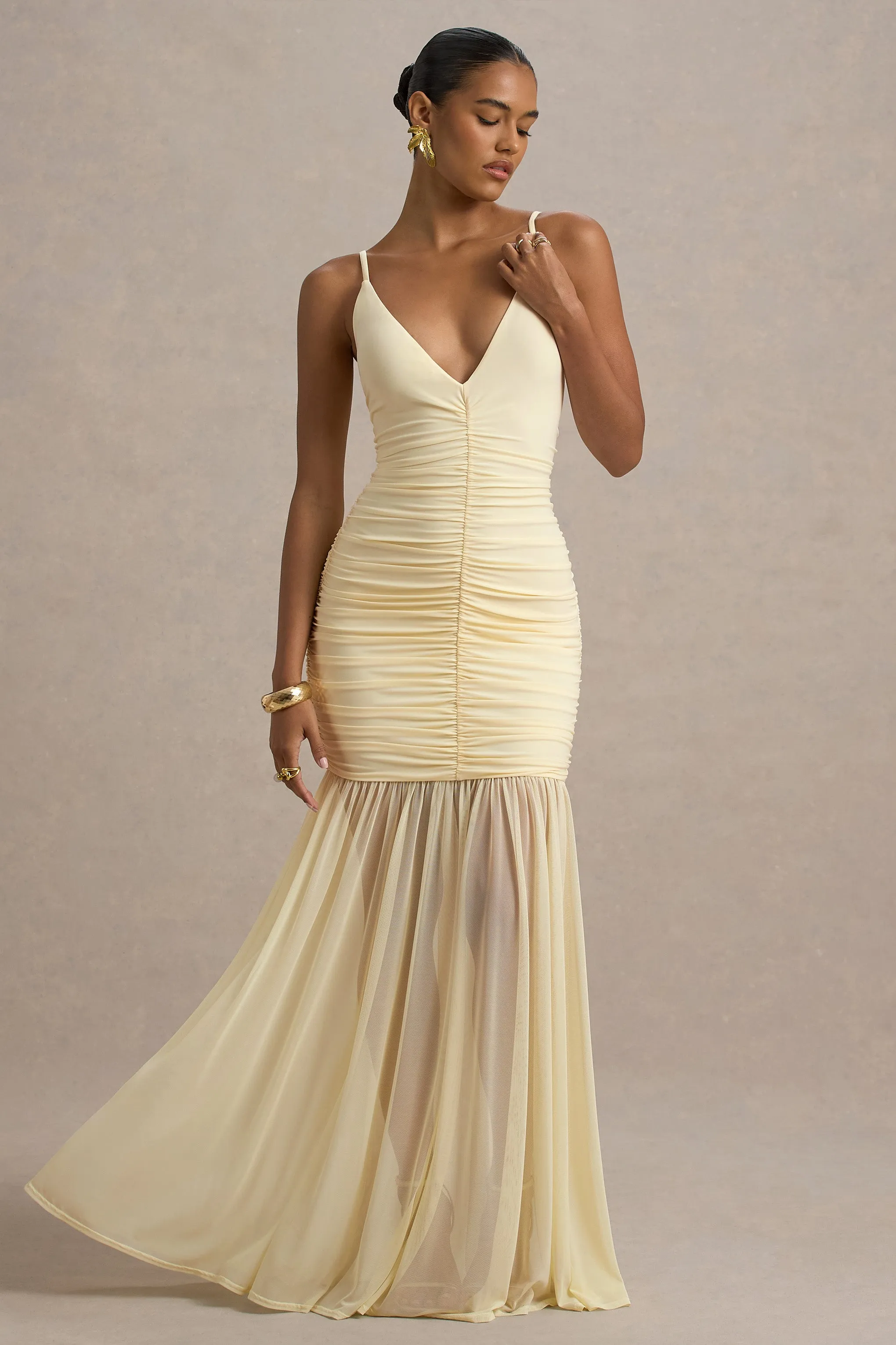 Pasqualina | Pale Lemon Ruched Plunge-Neck Maxi Dress Club L London