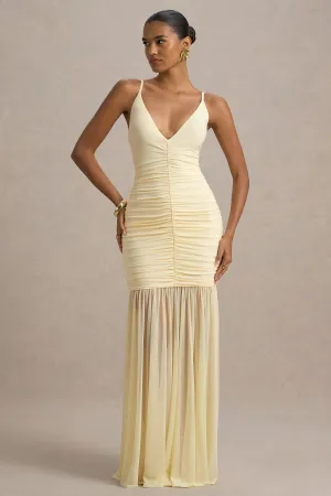 Pasqualina | Pale Lemon Ruched Plunge-Neck Maxi Dress Club L London
