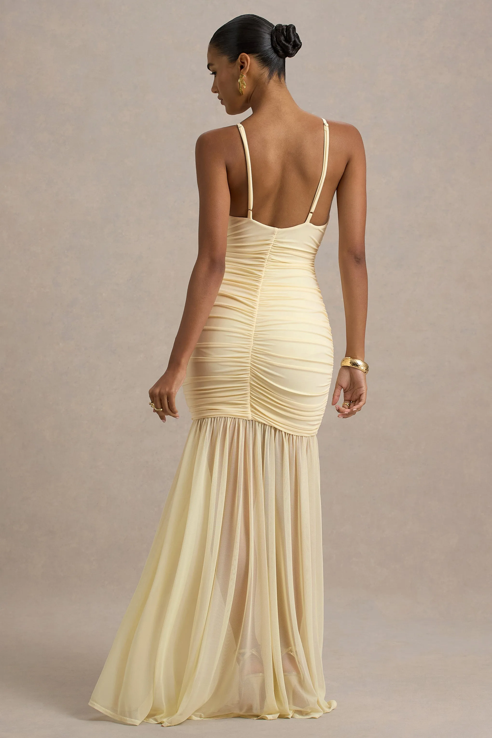 Pasqualina | Pale Lemon Ruched Plunge-Neck Maxi Dress Club L London