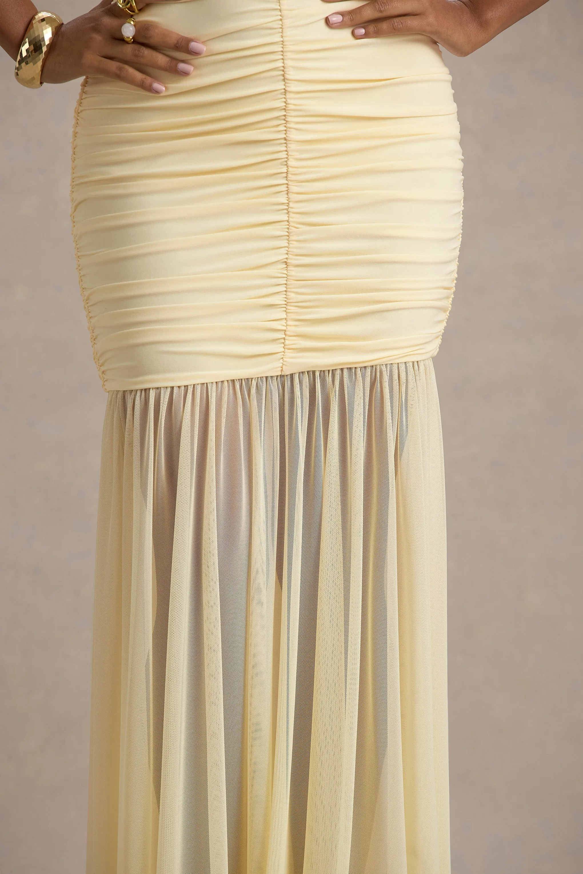 Pasqualina | Pale Lemon Ruched Plunge-Neck Maxi Dress Club L London