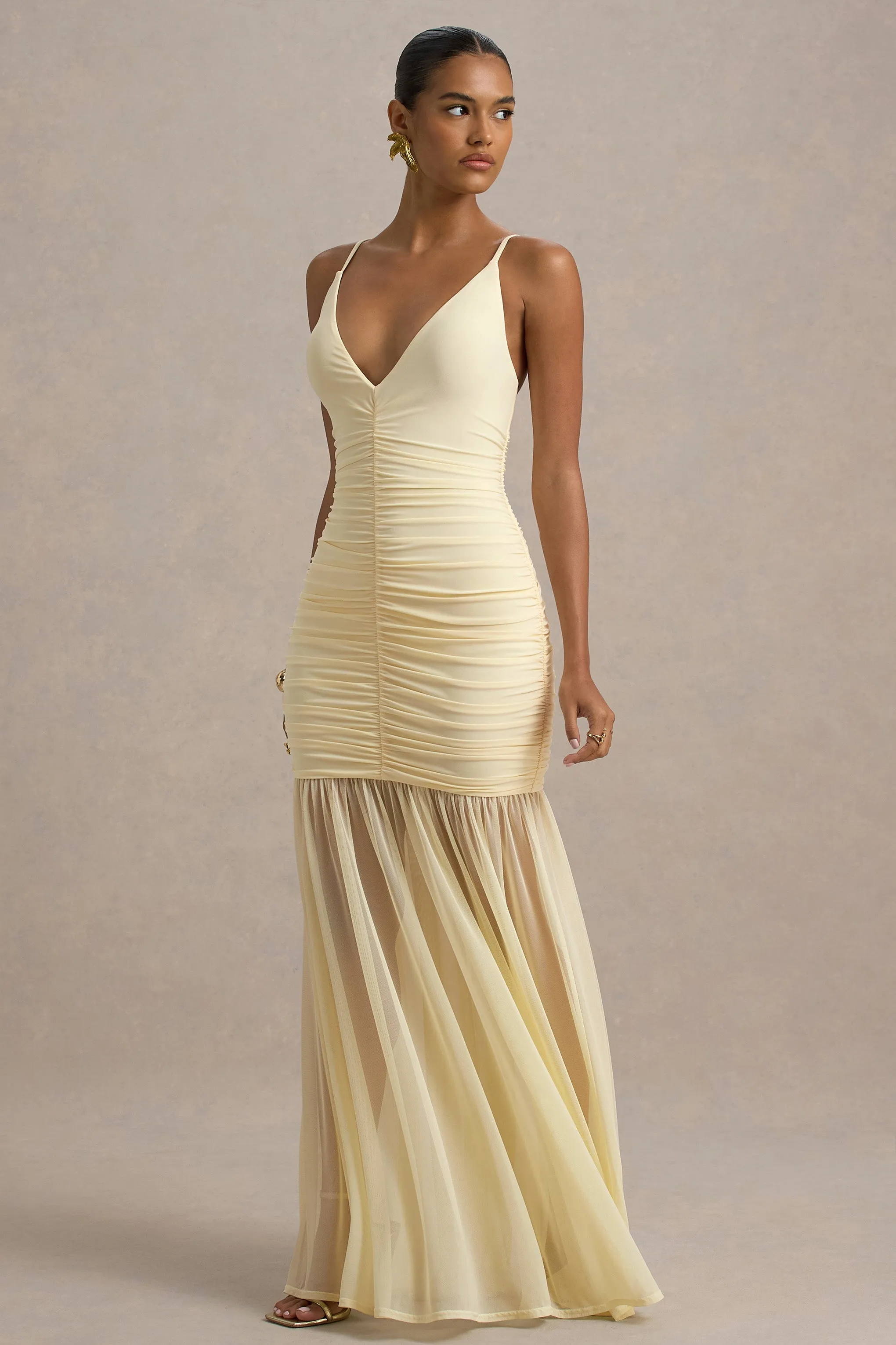 Pasqualina | Pale Lemon Ruched Plunge-Neck Maxi Dress Club L London